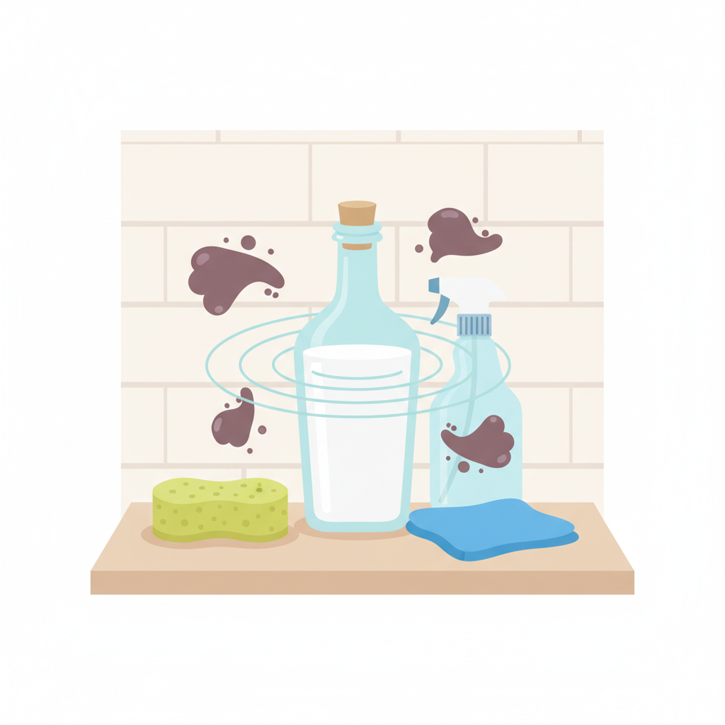 A bright, clean flat illustration showcasing the natural power of vinegar for oven cleaning. The central focus is a clear glass bottle of white vinegar, perhaps with a subtle ripple effect emanating from it, symbolically 'attacking' abstract smudges or grease stains depicted nearby. Surrounding the vinegar bottle are essential cleaning tools: a soft sponge, a microfibre cloth, and an empty spray bottle. The background is a minimalist, light-colored kitchen counter, emphasizing a fresh and eco-friendly atmosphere. The overall aesthetic should be modern, clean, and inviting, highlighting natural ingredients and effective household cleaning.
