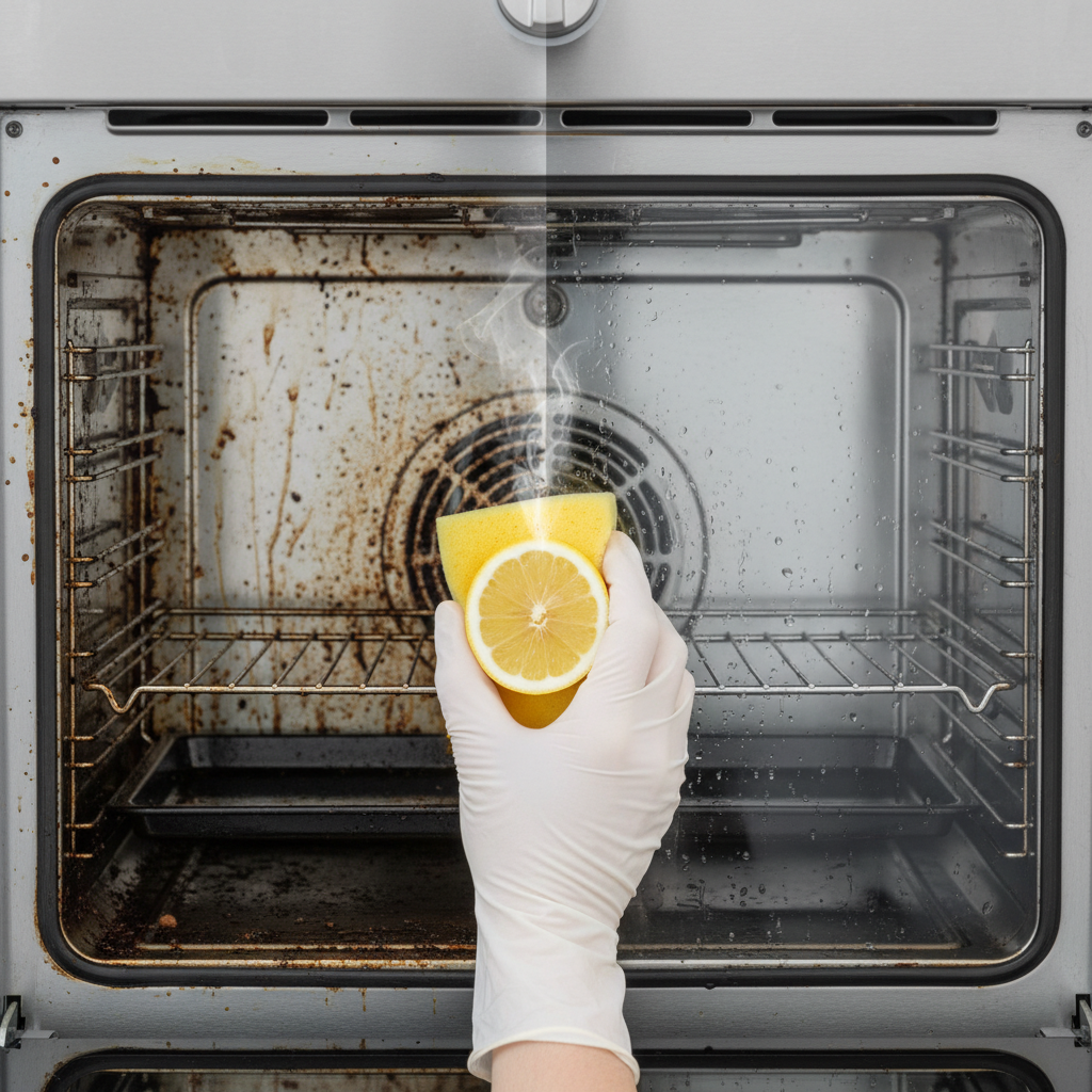 A visually striking split image of a modern oven interior. On the left side, the oven walls and rack are visibly dirty with baked-on grease and food residues, looking dull and grimy. On the right side, the exact same oven interior is sparkling clean, chrome shining, and glass gleaming, with subtle water droplets suggesting recent cleaning. In the center, a hand in a white glove holds a sponge with a fresh lemon half, gently wiping the transition line, implying the lemon is the cleaning agent. A faint wisp of steam rises from the lemon. Professional photo, clean and bright aesthetic.