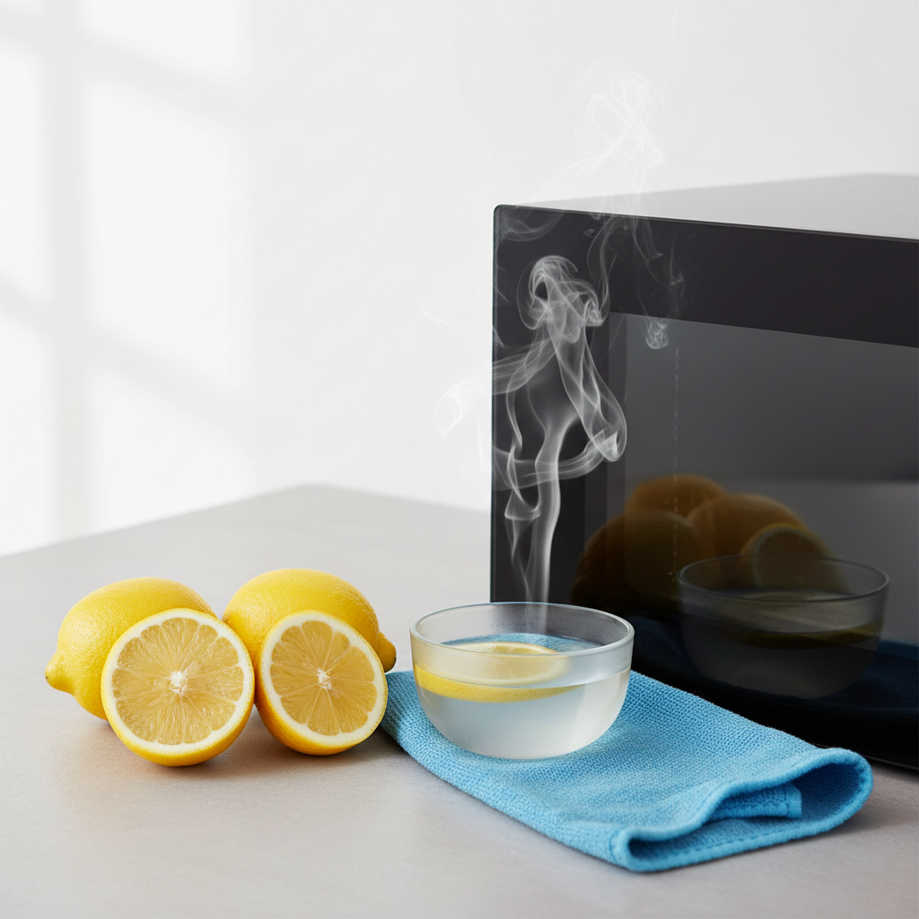 A stylized, minimalist still life featuring several fresh, bright yellow lemons, some whole and some artfully sliced, arranged on a clean kitchen counter next to a reflective, pristine glass oven door. A small bowl filled with water and floating lemon slices emits a gentle, ethereal steam, symbolizing the activation of cleaning power. A neatly folded, soft microfiber cloth is placed beside the lemons. The lighting is soft and natural, emphasizing the freshness and natural purity of the cleaning ingredients. High-quality product photography style, clean background.