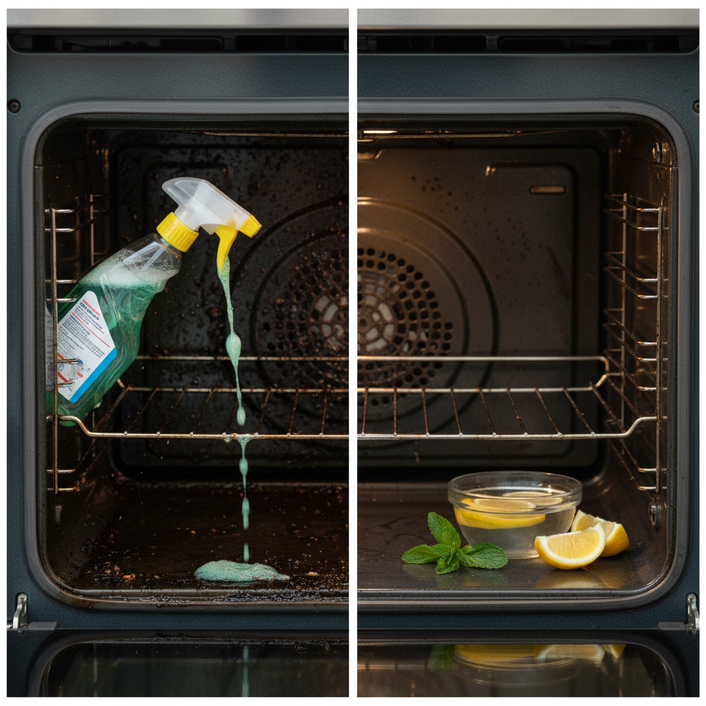 A split image or comparison. On one side, a dirty, greasy oven interior, perhaps with a harsh, chemical-looking spray bottle partially visible, evoking a feeling of artificiality. On the other side, the same oven interior sparkling clean, with gentle, natural elements like a sprig of mint or a lemon slice nearby, suggesting freshness and purity. The style should be realistic, clean professional photography with soft, inviting lighting.