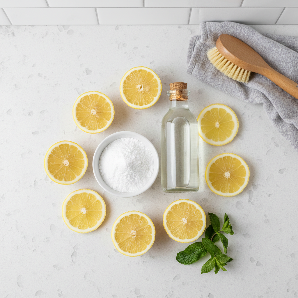 A vibrant, brightly lit flat lay or still life arrangement on a clean, light-colored kitchen counter. The central elements are a small bowl filled with white baking soda powder, a clear glass bottle of white vinegar, and a few fresh lemon halves or slices artfully arranged. Alongside these, simple, natural cleaning tools like a wooden-handled brush or a soft microfiber cloth are visible. The aesthetic is clean, minimalistic, and inviting, with a high-key, natural light photography style.