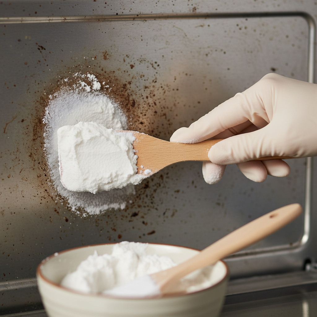 A close-up, dynamic shot focusing on a gloved hand (wearing a simple, light-colored household glove) meticulously applying a thick, off-white baking soda paste to a tough, visible grease stain on the interior wall of a moderately dirty oven. The texture of the paste should be clearly visible as it adheres to the grime. A small, non-descript bowl holding more paste and a wooden spatula or applicator brush can be subtly blurred in the foreground. Professional, crisp photography with a clear, shallow depth of field.