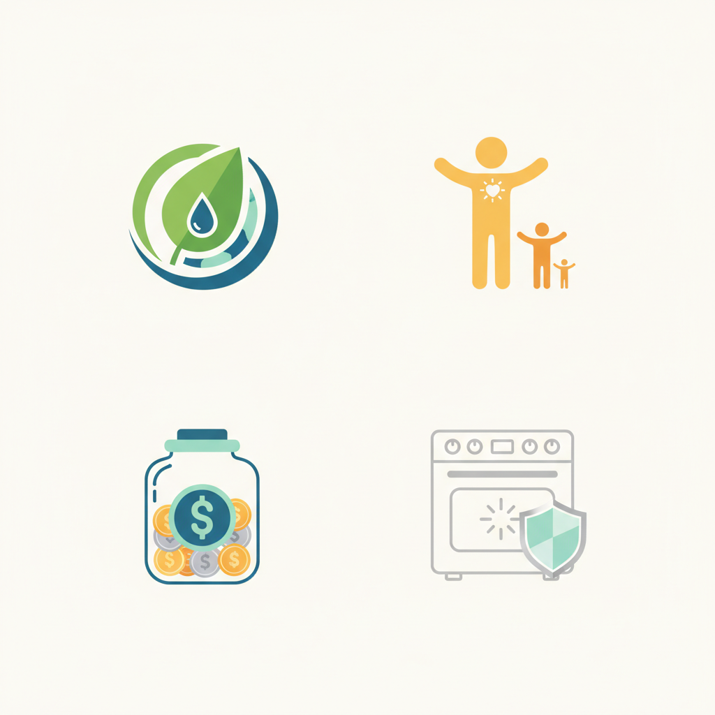 An infographic-style illustration depicting the four key benefits of chemical-free oven cleaning. Four distinct, modern, and easily recognizable icons are cleanly arranged against a simple, light background. These include: a green leaf or planet earth symbol for environmental friendliness, a stylized healthy human figure or a family silhouette for health, a stack of shiny coins or a savings jar for cost-effectiveness, and an oven outline with a protective shield or a sparkling clean effect for oven longevity. The color palette should be fresh and reassuring, in a flat, vector illustration style.