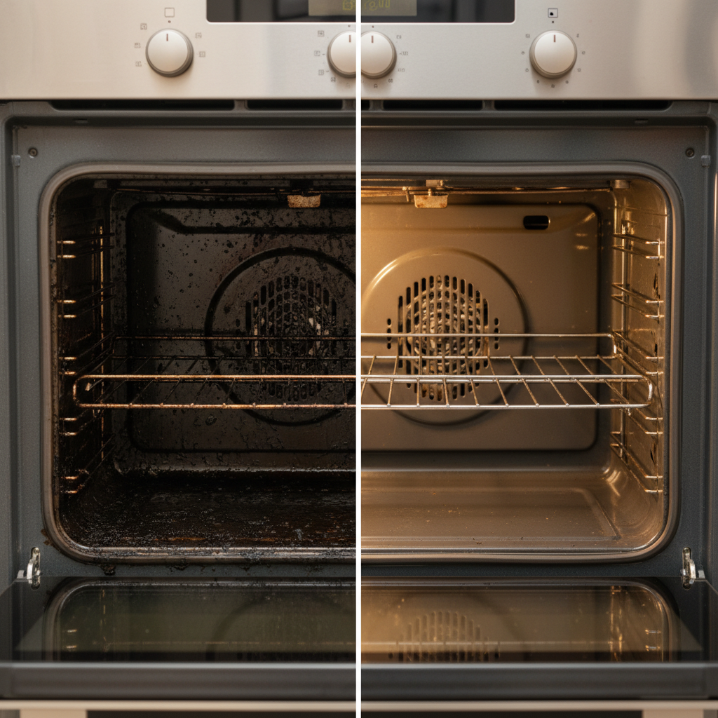 A captivating split image or visual comparison showcasing the dramatic transformation of an oven interior. On the left side, a close-up reveals a heavily soiled oven, with dark, baked-on grease splatters, food residues, and grime covering the walls and door glass. On the right side, the same oven interior appears sparkling clean, with gleaming stainless steel surfaces and crystal-clear glass, reflecting ambient light beautifully. The overall impression should be one of effortless restoration, highlighting the 'before and after' effect of the overnight cleaning. Professional photography style with clear focus and warm lighting.