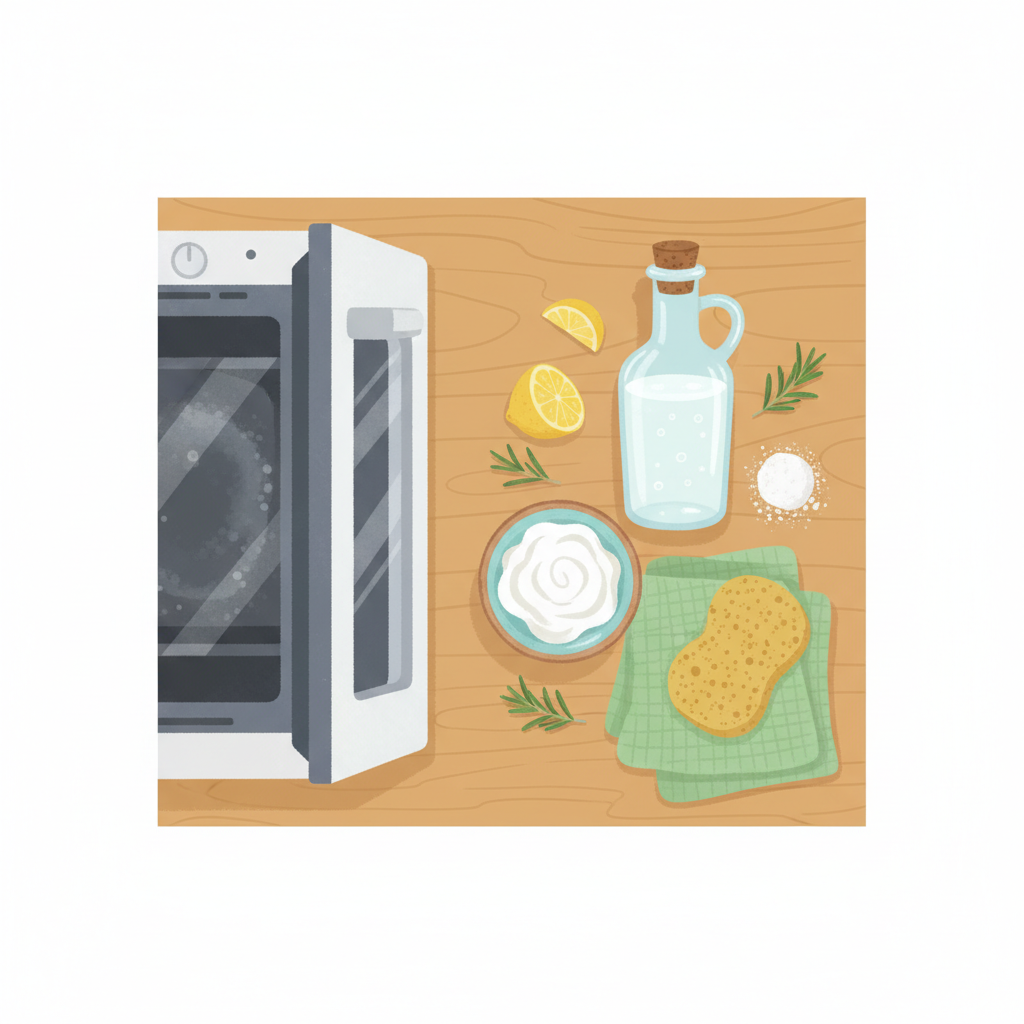 An illustrative overhead shot displaying the natural ingredients used for oven cleaning arranged neatly on a kitchen counter next to a slightly ajar oven door. The scene should feature a small ceramic bowl containing a white paste (representing baking soda and water), a clear glass bottle filled with white vinegar, and a soft, clean sponge or microfiber cloth. The oven interior is subtly visible in the background, hinting at the upcoming overnight treatment. The composition should be clean, bright, and inviting, emphasizing the simplicity and natural aspect of the cleaning method. Flat illustration style with a warm, domestic color palette.
