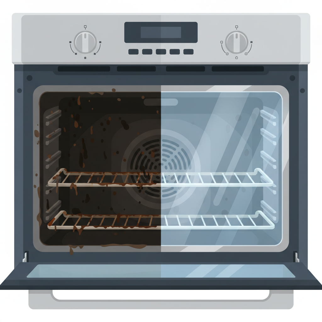 A visually striking illustration depicting a professional, modern kitchen oven. One side of the oven's interior is visibly grimy with burnt food residues and grease stains, looking dull and unappealing. The other side, separated by an implied clean line or a subtle gradient, is sparkling clean, reflecting light, and looking pristine and hygienic. This split imagery should highlight the dramatic transformation from dirty to perfectly clean, emphasizing efficiency and cleanliness. The overall style should be a clean, high-resolution flat illustration with a focus on contrasting textures and luminosity.