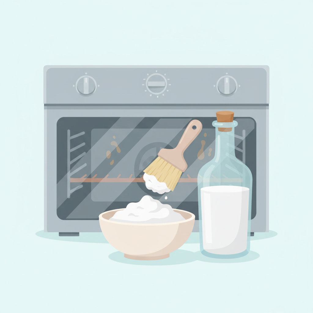 A bright, clean flat illustration showcasing the key natural ingredients for oven cleaning. In the foreground, a small bowl holds a thick, white baking soda paste, next to an open bottle of white vinegar. A clean sponge or a soft brush is positioned as if ready to apply the paste to a section of a stylized oven interior, which is shown with some subtle grease splatters. The scene should evoke a sense of eco-friendly and effective cleaning, highlighting the simplicity and natural power of these house remedies. The color palette should be fresh and inviting, with soft shadows.