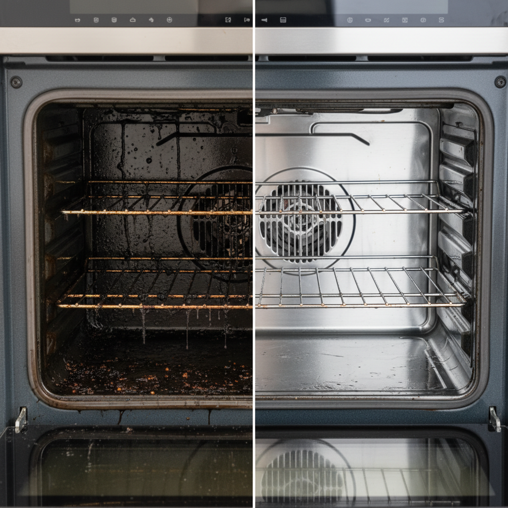 A dramatic split-screen professional photo of an oven interior. The left side depicts a heavily soiled oven, showcasing burnt-on food residues, thick grease splatters, and grimy racks, conveying neglect and inefficiency. The right side mirrors the same oven interior but is impeccably clean and sparkling, with gleaming chrome racks and spotless glass reflecting light. The contrast should be stark, emphasizing the transformation from dirty to pristine, highlighting hygiene and efficiency.