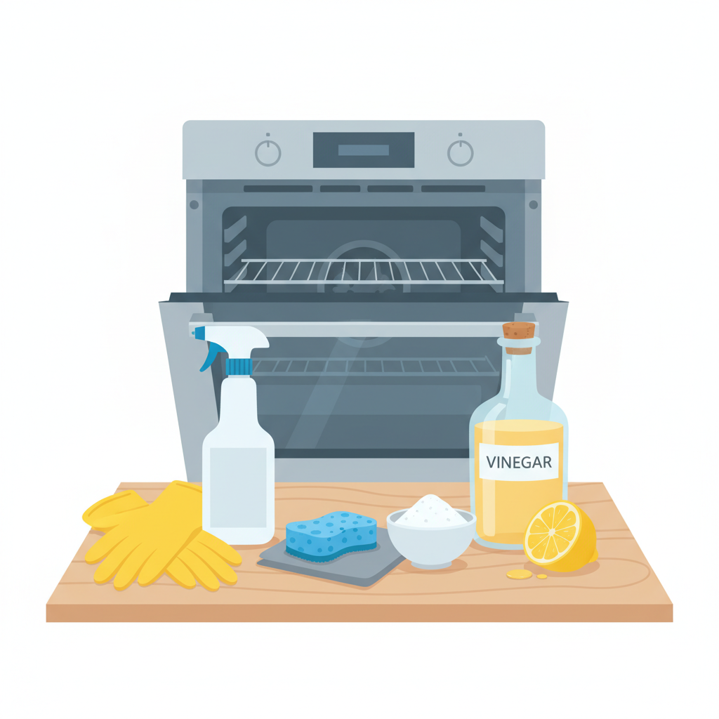 A clean and bright flat illustration depicting various oven cleaning tools and common household remedies arranged neatly on a simple kitchen counter. The composition features a pair of yellow rubber gloves, an unlabeled spray bottle, a soft scrubbing sponge, a microfiber cloth, a small bowl containing baking soda powder, and a cut lemon or vinegar bottle. The background subtly shows a partially opened, clean oven door, suggesting readiness for the task. The style should be inviting and convey a sense of simplicity and effectiveness.