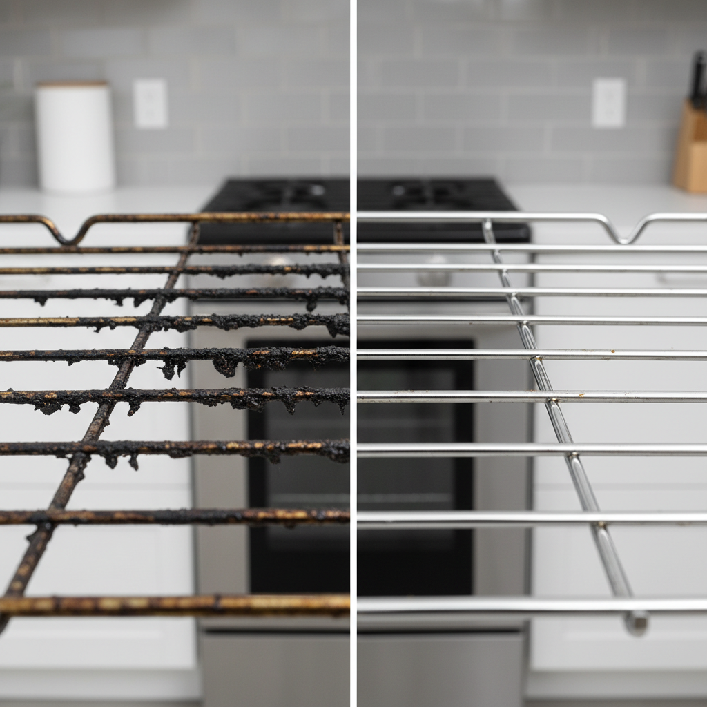A compelling 'before & after' visual of an oven rack. On one side, show a heavily used, dirty oven rack covered in dark, burnt food residues, grease splatters, and baked-on grime, looking dull and unhygienic. On the other side, depict the same oven rack gleaming spotlessly clean, reflecting light, with sparkling silver metal and no trace of dirt. The contrast should be stark, emphasizing the transformation from griminess to pristine cleanliness. Professional photo with bright, even lighting and a shallow depth of field to make the rack pop against a clean kitchen background.