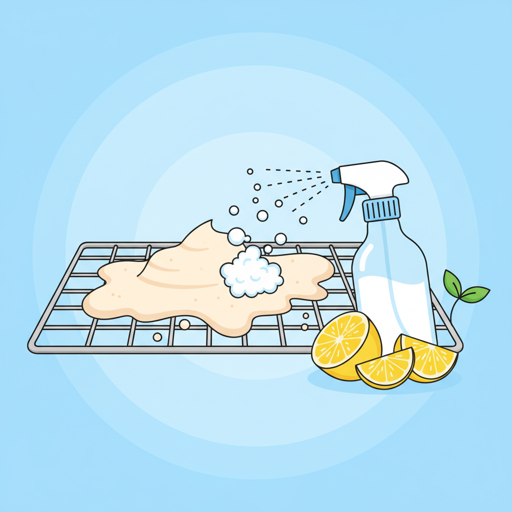 A vibrant, flat illustration depicting the key ingredients and process for cleaning an oven rack with natural remedies. A section of a metal oven rack is shown, partially covered with a thick, off-white paste (representing baking soda). Next to it, a clear spray bottle is mid-spray, with tiny droplets of liquid (vinegar) visibly hitting the paste, causing small, gentle bubbles and fizzing effects to appear on the rack surface. The overall atmosphere is clean, bright, and informative, highlighting the chemical reaction in a simplified, appealing way.