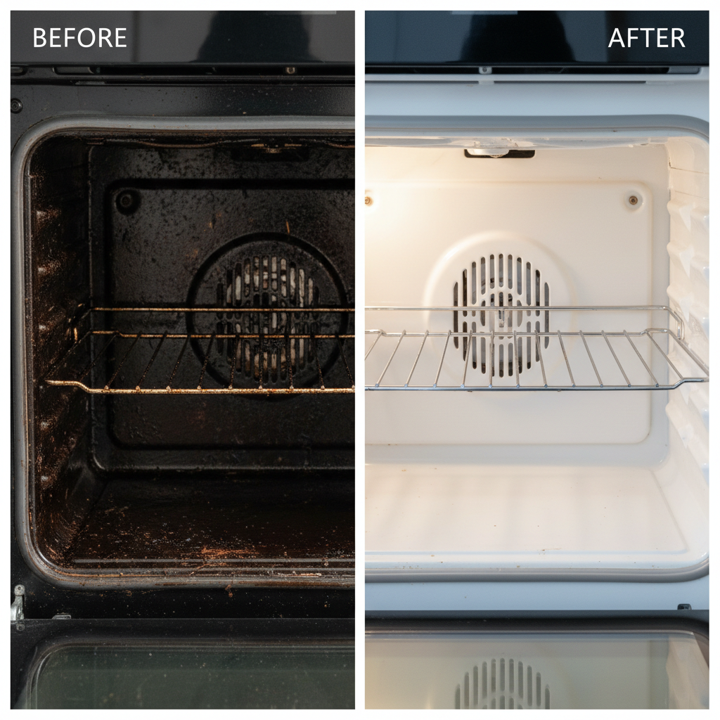 A professional photo showing a visually striking 'before and after' transformation of an oven interior. The 'before' side depicts a close-up of a heavily soiled oven, showcasing baked-on grease, dark stains, and charred food residue on the racks and interior walls. The 'after' side reveals the identical oven interior, now impeccably clean, sparkling, and highly reflective, appearing brand new. The lighting should emphasize the contrast between the grimy 'before' and the pristine 'after', highlighting the effectiveness of the cleaning process with a focus on shine and cleanliness.