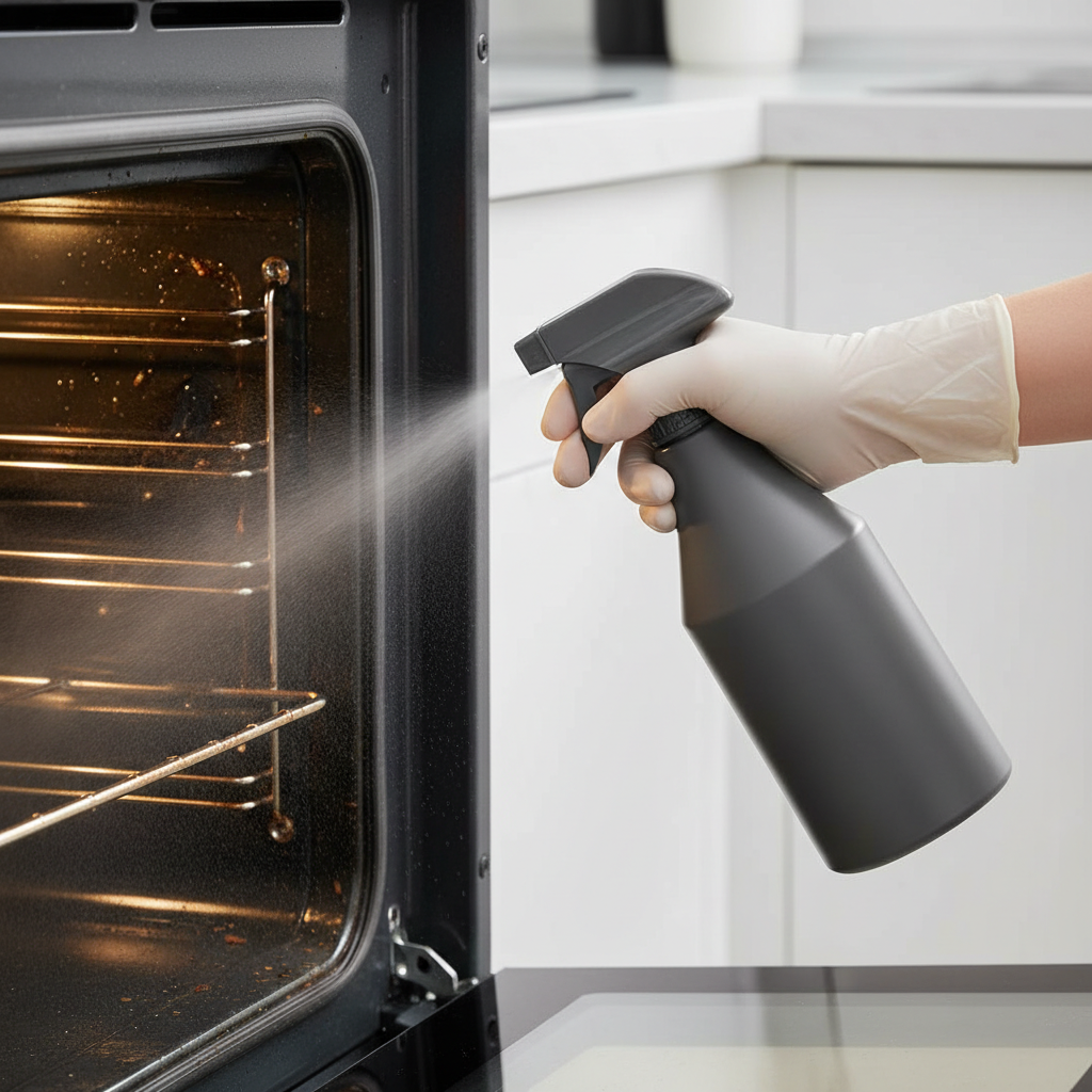 A professional lifestyle photo capturing the active use of oven cleaner. A gloved hand, holding a generic, sleek spray bottle (devoid of any branding or text), is depicted spraying a fine mist directly onto the interior wall of a moderately dirty oven. The oven wall shows visible but not extreme baked-on grease and residue. The spray mist should be subtly visible, implying its immediate action on the grime. The focus is on the ease and directness of application, with good lighting highlighting the cleaning agent's interaction with the dirt. The overall mood is one of effective, effortless cleaning.