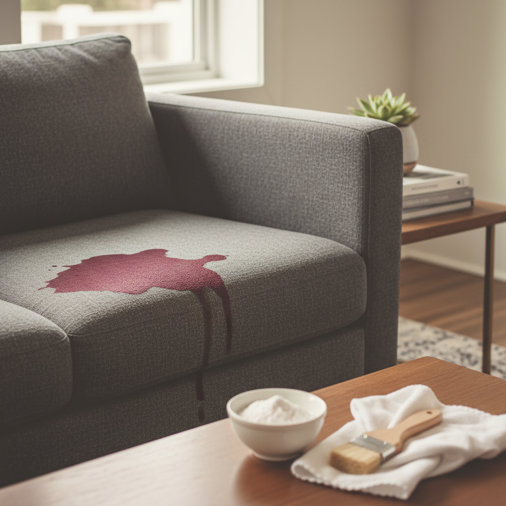 A cozy, modern living room scene with a stylish fabric sofa. On one of the sofa cushions, a vibrant red wine spill is clearly visible, creating a common household stain. Next to the stain, a small, elegant white bowl filled with fine white powder (baking soda) is placed. A soft, clean white cloth or a gentle cleaning brush rests beside the bowl, hinting at an easy, accessible cleaning solution. The lighting is soft and natural, emphasizing comfort and cleanliness. Professional photo style with a slightly warm filter.