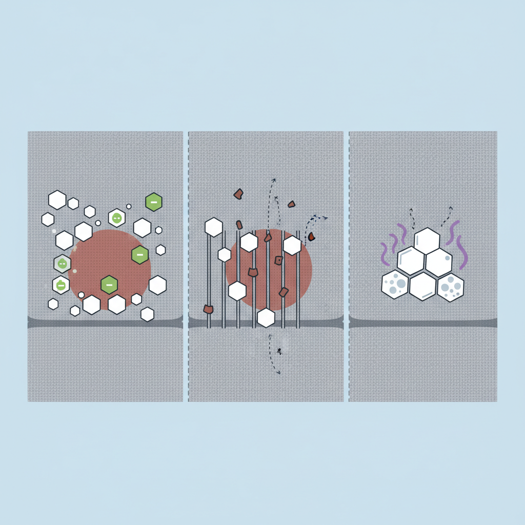 A clean, illustrative diagram showing a close-up, cross-section view of a fabric sofa surface with a visible stain. The scene should visually explain the cleaning mechanisms of baking soda. On one side, small, stylized baking soda particles are depicted interacting with the stain, with subtle visual cues representing acid neutralization (e.g., tiny dissolving acidic molecules). Another section shows the baking soda particles gently abrading and lifting dirt particles from the fabric fibers. A third element could illustrate wavy lines (representing odors) being trapped and absorbed by the baking soda. Infographic style with clear, simple icons and a professional, approachable feel.