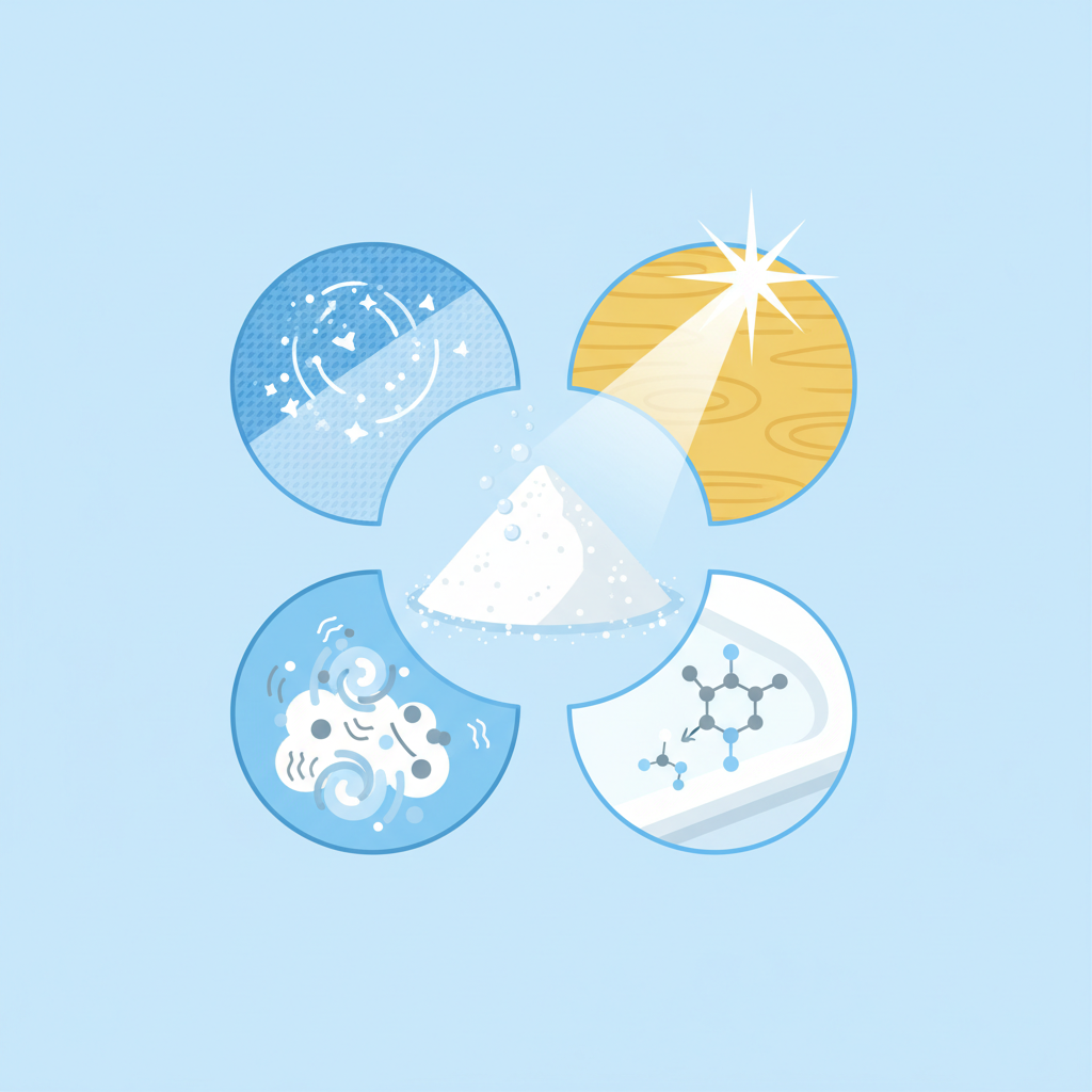 A dynamic, infographic-style illustration depicting the multi-faceted action of baking soda against stains. In the center, a pile of baking soda powder is shown with subtle effervescence. Around it, visual representations of its properties radiate outwards: tiny abrasive particles gently scrubbing a stylized surface, molecules symbolizing odor absorption, a bright light beam for brightening, and a chemical breakdown of fat molecules. The overall impression should be clean, scientific, and highlight the powder's versatility on various stylized materials like fabric weave, wood grain, and smooth plastic. Use a clean, modern color palette with blues, whites, and light grays.