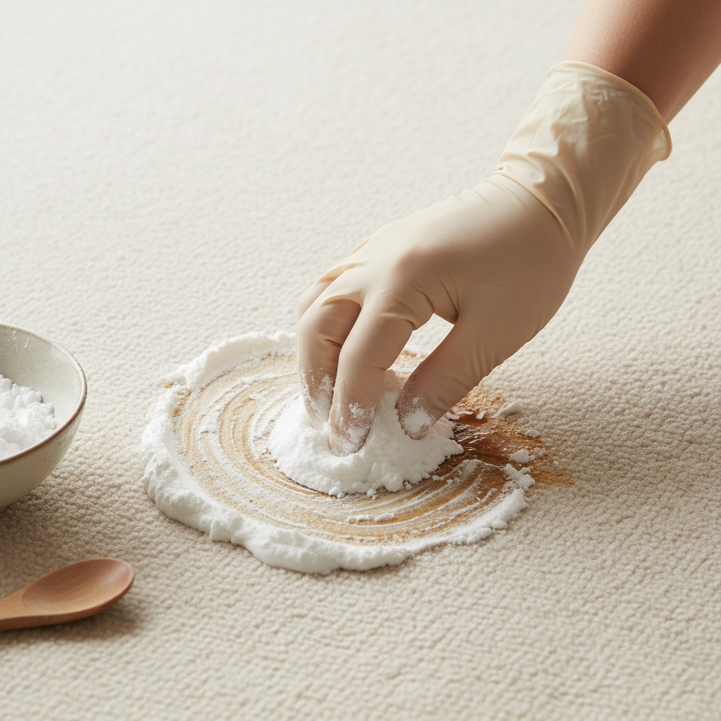 A professional photo, shot from a slightly elevated angle, showing the practical application of baking soda paste on a common stain. A clean hand, possibly wearing a light-colored glove, is meticulously spreading a thick, white baking soda paste onto a clearly visible, yet generic, spill (e.g., a dark liquid stain) on a light-colored textile surface, like a carpet or upholstery. The surrounding area should appear clean and tidy, with soft, natural lighting highlighting the texture of the fabric and the paste. The focus should be sharp on the hand and the application, conveying effectiveness and a gentle cleaning process.