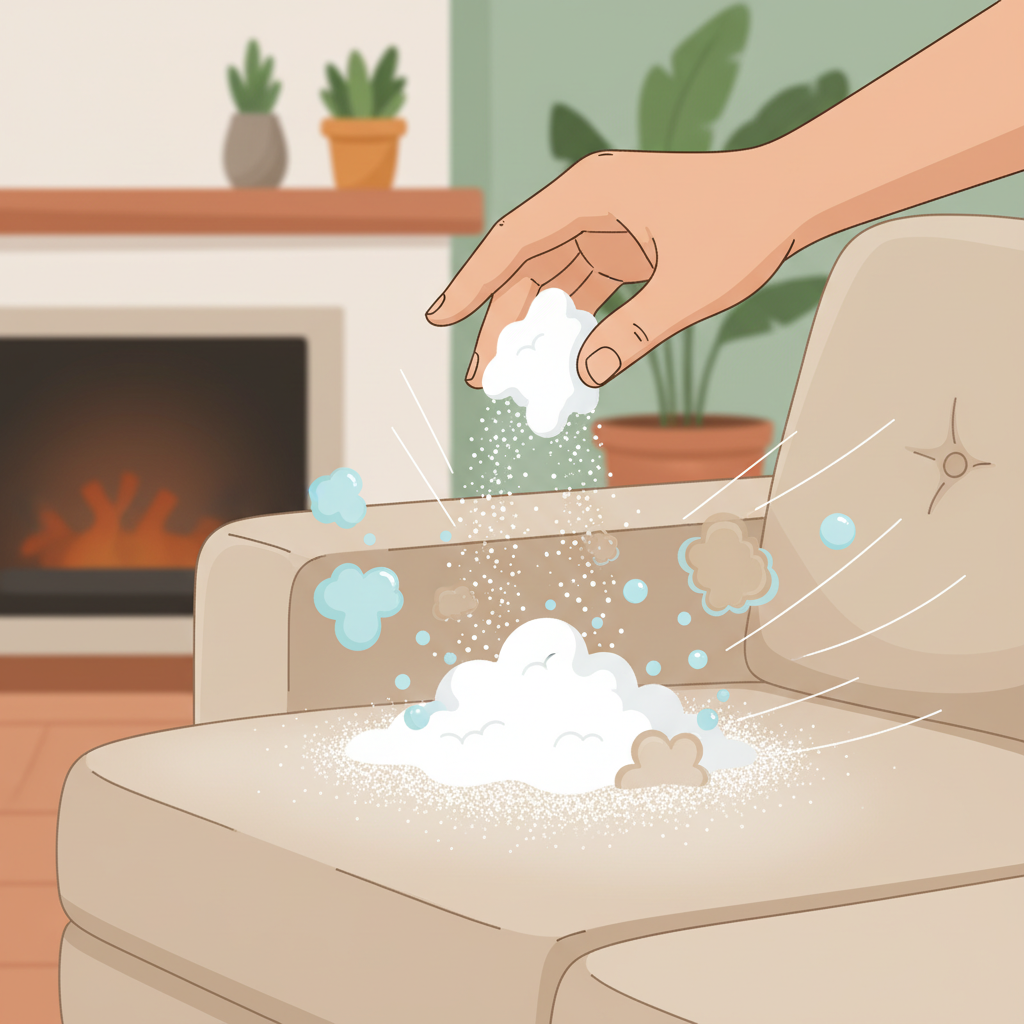 A close-up, dynamic flat illustration showing a hand gently sprinkling a fine white powder (representing baking soda) onto a beige fabric sofa cushion. The sofa fabric visibly transforms, with a subtle visual effect indicating stains or unpleasant odors lifting and dissolving into the powder. In the background, a cozy living room hint. The focus is on the cleaning action and the effectiveness of the baking soda. The overall mood is fresh and efficient.