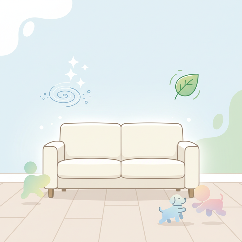 A vibrant, infographic-style illustration presenting the benefits of baking soda for sofa cleaning. A pristine, light-colored sofa is centrally placed in a clean, minimalist living room setting. Around the sofa, small, symbolic visual elements float: a sparkling effect (for cleanliness), a gentle wavy line (for odor neutralization), a small green leaf (for eco-friendliness), and subtle, abstract figures of a child and a pet playing happily near the sofa (for safety). The overall aesthetic is bright, reassuring, and conveys health and freshness.