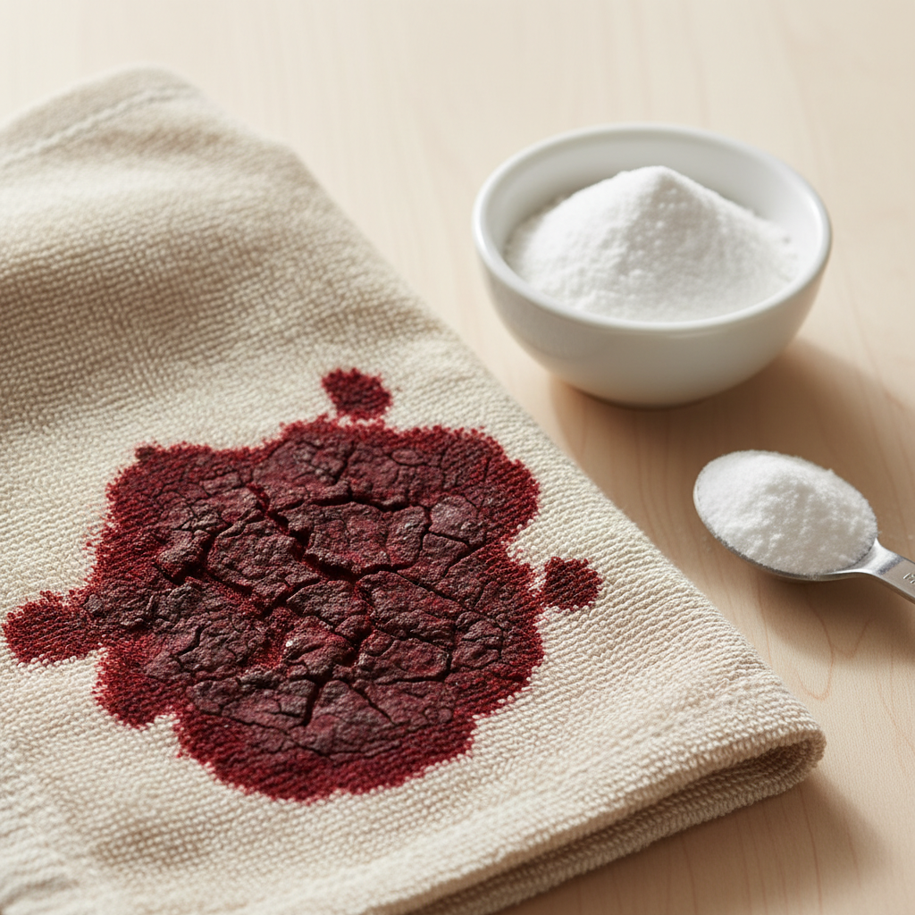 A professional close-up photo of a challenging scenario: a deep red, clearly dried blood stain stubbornly embedded in the fibers of a light-colored, soft fabric, such as a cotton shirt or towel. Adjacent to the stained fabric, a small ceramic bowl contains a heap of fine, white baking soda powder, with a measuring spoon resting beside it, hinting at the preparation of a cleaning paste. The lighting should be bright and natural, highlighting the texture of the fabric and the distinct appearance of the dried stain versus the pristine baking soda.