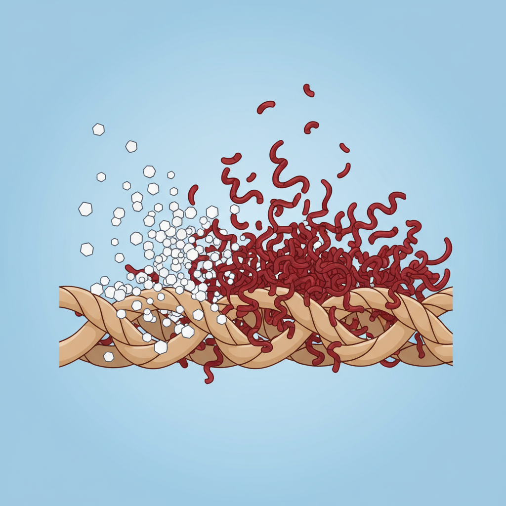 An infographic-style illustration depicting the microscopic action of baking soda on a dried blood stain within fabric. Show a cross-section of stylized fabric fibers, with complex, red protein structures (representing denatured hemoglobin) tightly intertwined and anchored within them. On one side, small, hexagonal white particles (representing baking soda) are shown actively surrounding and breaking apart these red protein clusters, causing them to loosen and lift away from the fibers. The background is clean and simple, emphasizing the interaction. No labels or text.