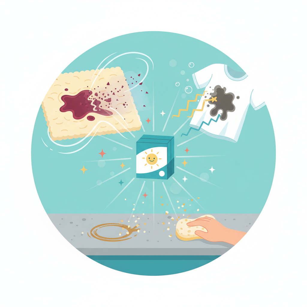 A vibrant flat illustration showcasing a versatile box of baking soda at its core, emanating cleanliness. Surrounding the box, several common household scenarios are depicted: a red wine stain on a plush, cream-colored carpet visibly fading; a stubborn grease spot on a crisp white t-shirt dissolving; and a dried coffee ring on a sleek kitchen countertop being gently buffed away. The scene should convey a sense of effortless transformation and effectiveness, with subtle visual cues like sparkling lines or dissolving particles without any explicit chemical formulas or text. Use a bright, clean color palette suitable for a modern blog article.
