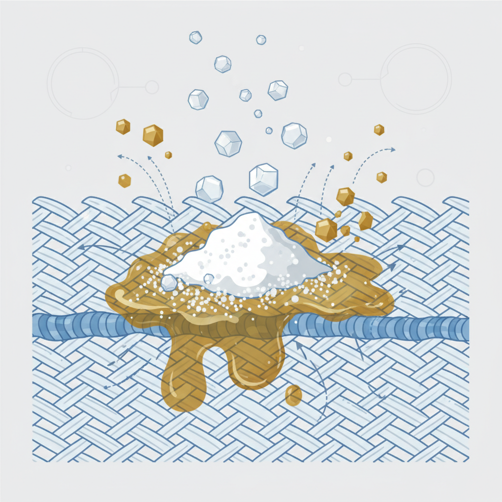 A detailed infographic-style illustration depicting the micro-level action of baking soda on a fabric grease stain. The scene zooms in on woven fabric fibers, with a dark, amorphous grease stain embedded within. Fine, crystalline baking soda particles are shown being gently applied over the stain, gradually absorbing and breaking down the oil molecules. Subtle visual cues, such as stylized arrows or molecular-like representations, indicate the grease dissolving and lifting from the fibers. The overall aesthetic should be clean, informative, and visually demonstrate the chemical cleaning process in an accessible, diagrammatic manner suitable for explaining a scientific concept in a blog post.