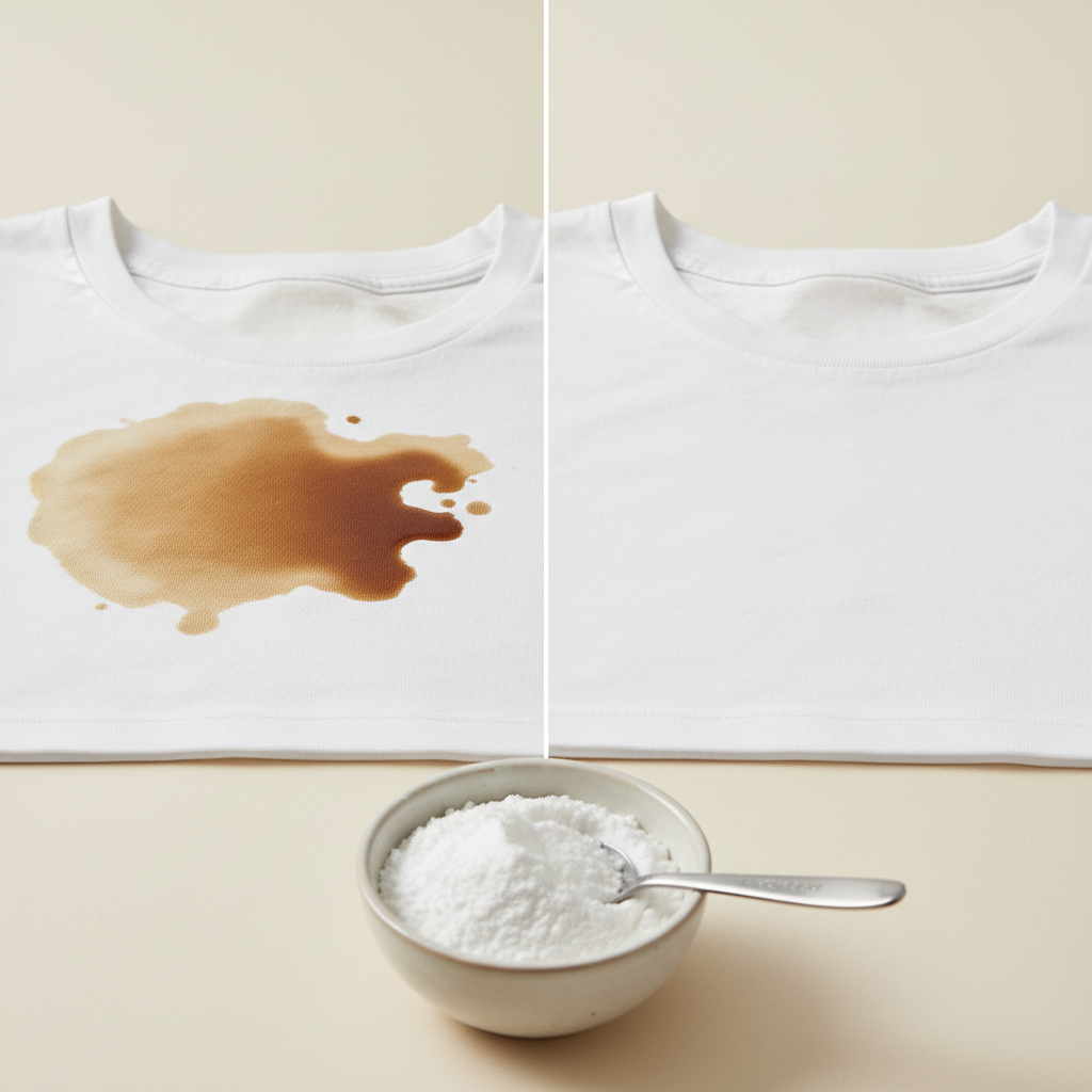 A clean, bright professional product photo split into two distinct halves. On the left, a section of a crisp white cotton t-shirt is visible with a prominent, realistic stain (e.g., a dark coffee spill or red wine splash) clearly marring its pristine surface. On the right, the exact same section of the t-shirt appears immaculately clean, bright white, and free of any blemish. In the foreground, slightly out of focus, sits a small, elegant ceramic bowl filled with white baking powder and a silver measuring spoon resting within it. The background is a soft, light, uncluttered surface, emphasizing the transformation.