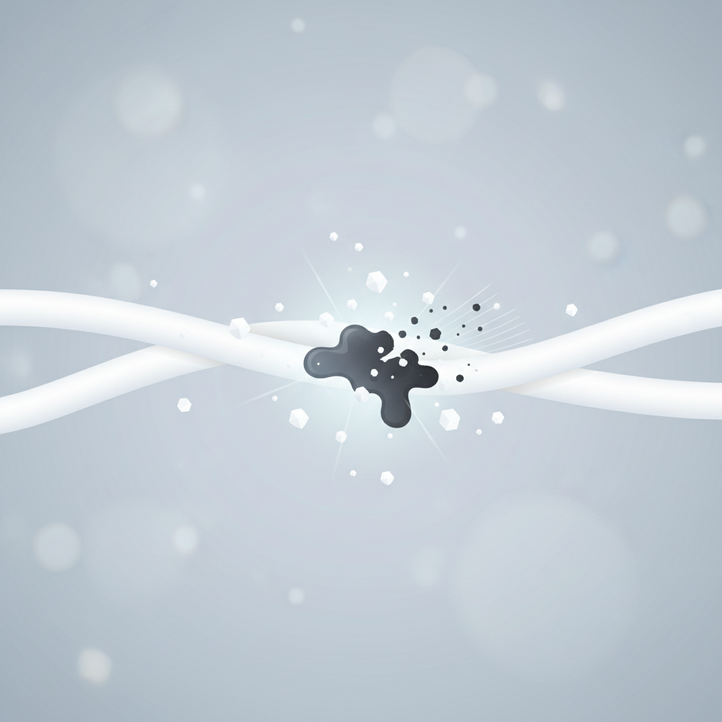 A detailed, stylized infographic illustration depicting the microscopic action of baking powder on a stained white fabric fiber. The scene shows several interwoven white fabric threads, one of which has a dark, amorphous stain clinging to it. Tiny, crystalline baking powder particles (represented as small, angular white shapes) are actively engaging with the stain. Some particles appear to be breaking down the stain into smaller, dissolving specks (representing alkaline action), while others are shown gently 'scrubbing' or lifting the stain away from the fiber (representing abrasive action). The background is a clean, muted palette, focusing solely on this intricate chemical and physical interaction.