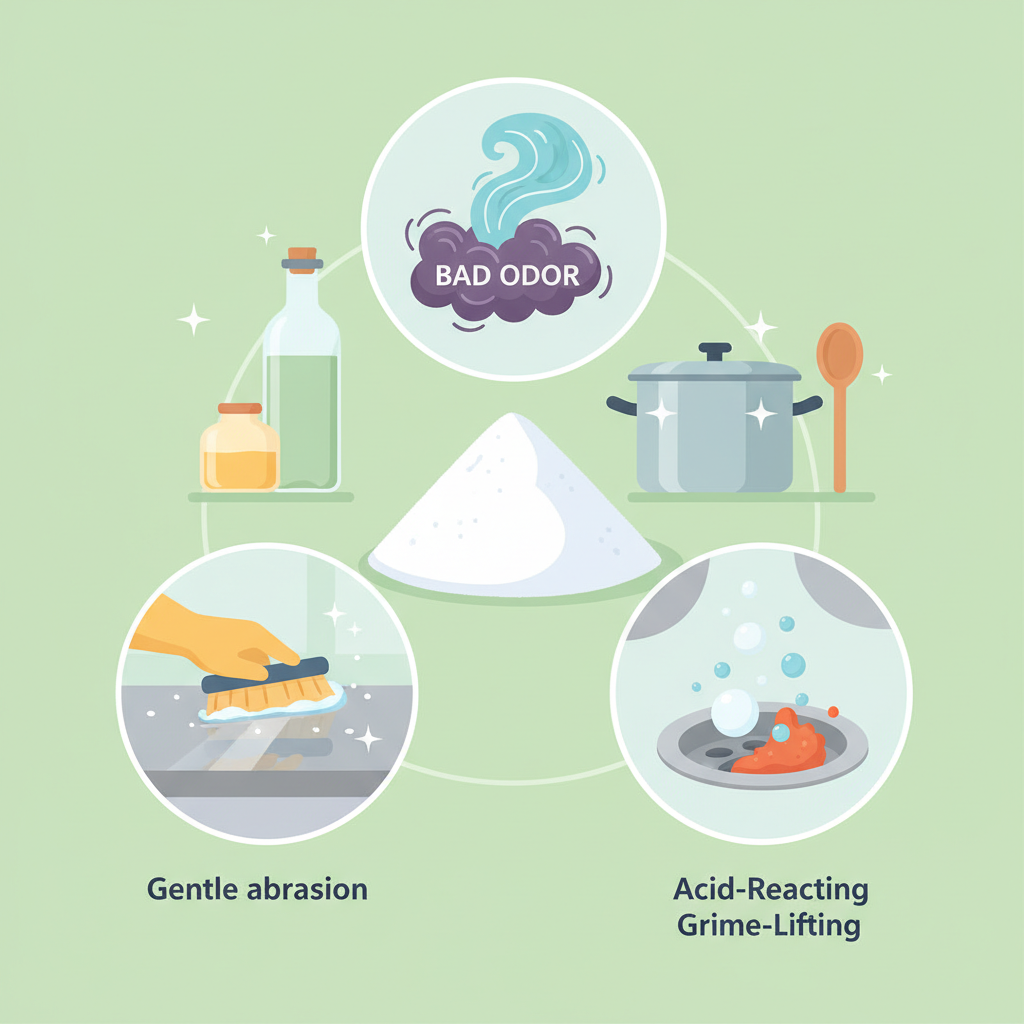 A flat illustration depicting a central pile of white baking soda powder. Around it, various smaller vignettes visually represent its multi-faceted cleaning properties. One vignette shows a surface gleaming after being scrubbed, symbolizing its gentle abrasive action. Another depicts a stylized cloud of 'bad odor' transforming into a neutral, clean aroma, illustrating its odor-neutralizing capability. A third vignette features energetic bubbles rising from a surface, representing its reaction with acids to lift grime. The overall image should convey versatility and eco-friendliness, with elements like sparkling kitchenware subtly integrated into the background. Clean, bright colors.