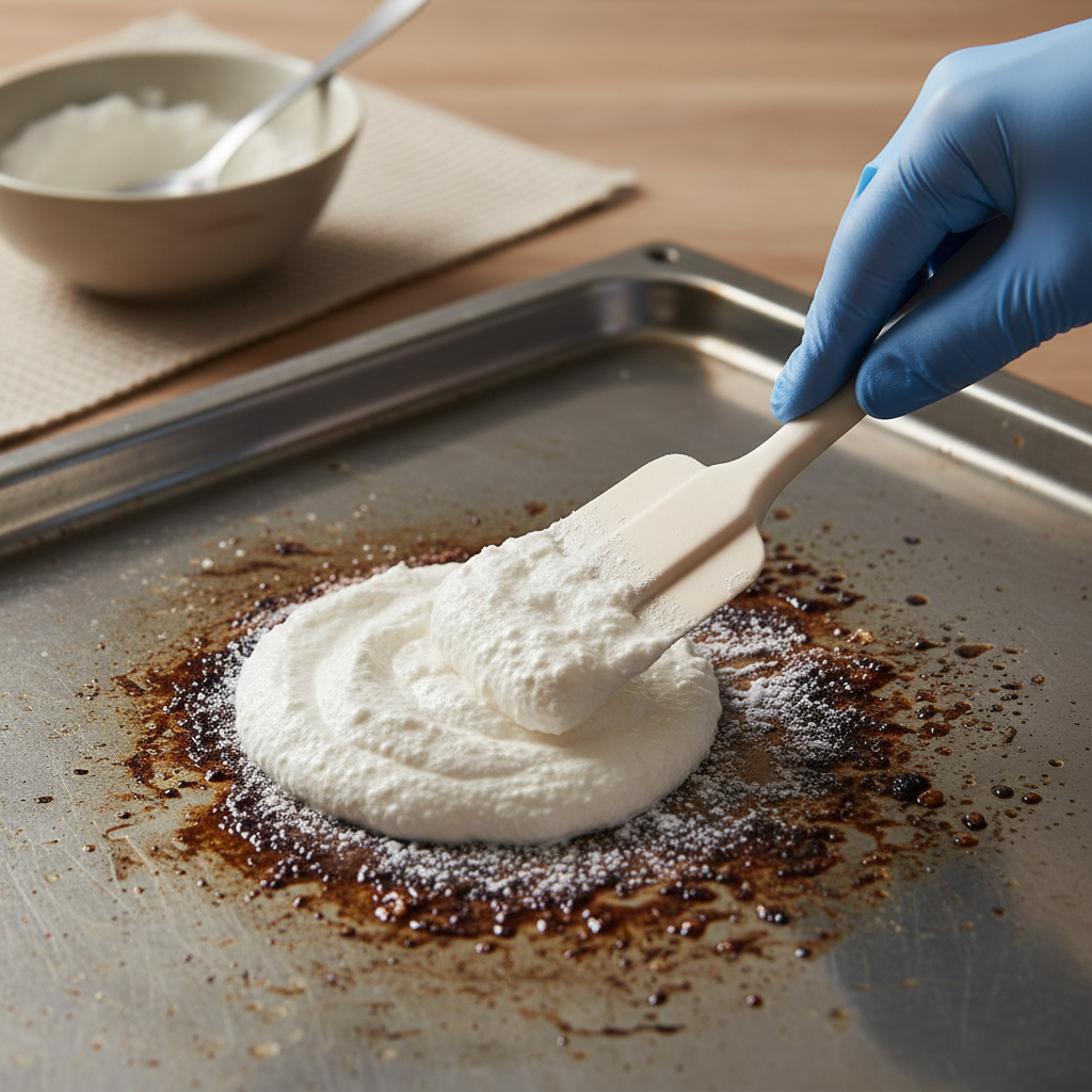 A professional photo capturing a close-up view of the interior of a slightly greasy oven. A hand, possibly wearing a light glove, is carefully applying a thick, white baking soda paste onto a specific section of baked-on food residue or grease. The paste should be clearly visible as a somewhat chunky, off-white substance clinging to the oven surface. In the soft-focus background, a small bowl containing more of the baking soda paste and a spoon could be subtly placed. The lighting should be bright and natural, highlighting the contrast between the paste and the grime, conveying a sense of practical, hands-on cleaning.