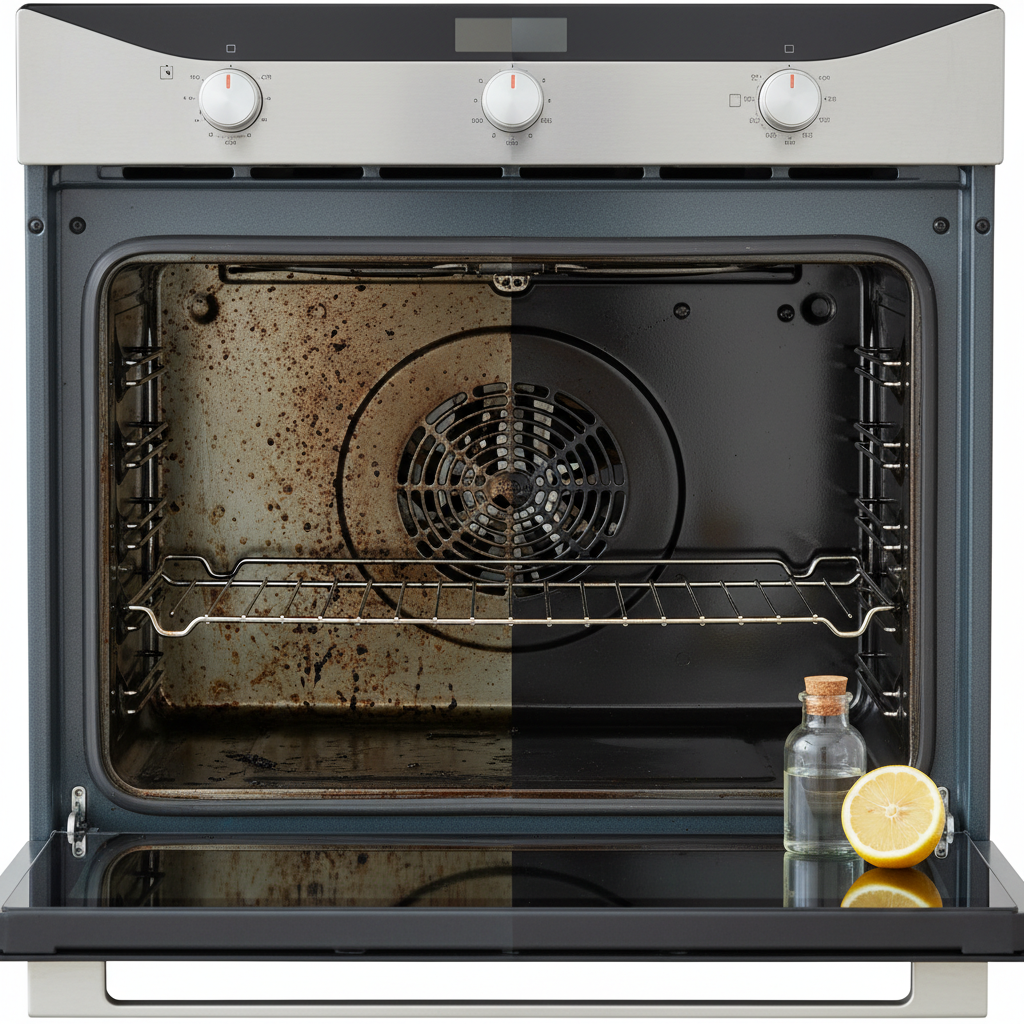 A vibrant split-screen image showcasing an oven's interior. On the left side, the oven cavity is visibly dirty with stubborn baked-on grease and food stains, appearing dull and uninviting. On the right side, the same oven interior is immaculately clean, gleaming and sparkling, reflecting light beautifully. A hint of natural cleaning elements like a lemon half or a small, unlabeled bottle of vinegar is subtly visible on the countertop next to the clean side. Professional product photography style, high contrast, emphasizing cleanliness.