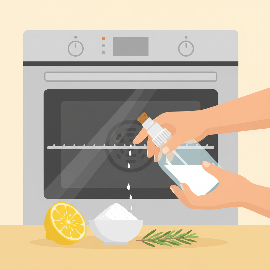 A cheerful, warm-toned flat illustration depicting the preparation for oven cleaning using natural remedies. In the foreground, a pair of hands is actively mixing ingredients, possibly pouring a clear liquid from an unlabeled bottle into a spray bottle, with a small bowl of baking soda and a lemon slice nearby. In the background, a modern, clean oven door is slightly ajar, revealing a hint of the interior. The scene conveys a sense of readiness and eco-friendly cleaning.