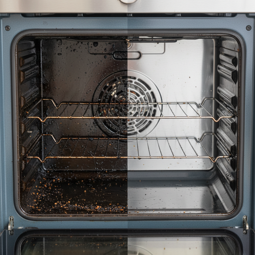 A professional, high-resolution photo showing a split-view of an oven interior. The left half depicts a heavily soiled oven with a build-up of dark, caked-on grease, burnt food remnants, and scattered crumbs across the bottom and on the racks. The surfaces appear dull and sticky. The right half displays the exact same oven interior, but sparkling clean and pristine. The stainless steel surfaces gleam, reflecting light, the glass door is crystal clear, and the racks are spotless, conveying a sense of renewed cleanliness and hygiene.