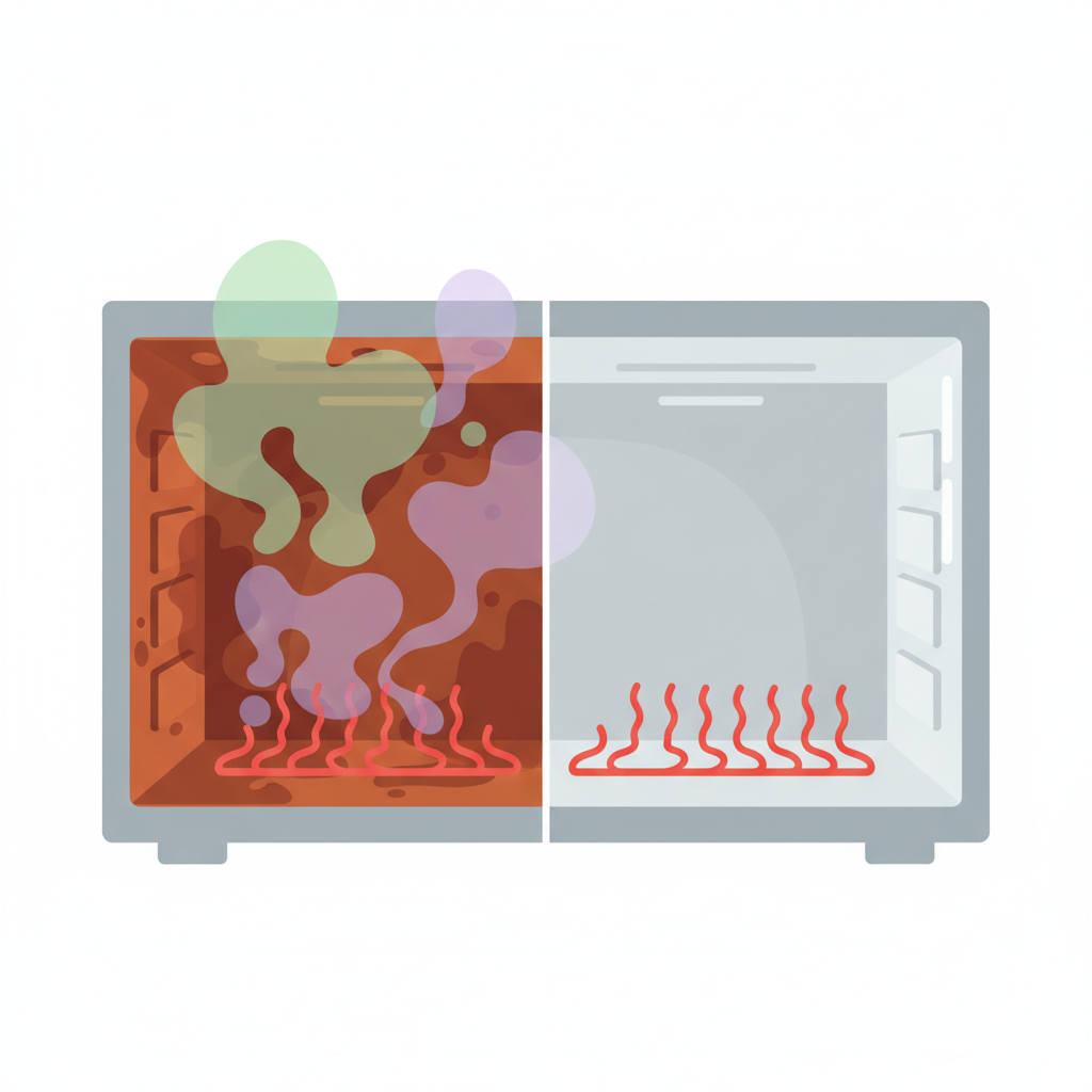 A clean, modern flat illustration depicting a conceptual cross-section of an oven interior. On the left side, representing a dirty oven, show stylized, dark orange-brown smudges and splatters on the inner walls. From these dirty areas, subtle, abstract, cloud-like shapes in faint green or purple drift upwards, hinting at microscopic unhygienic elements. Heat waves emanating from a heating element are shown unevenly distributed and absorbed by the dirty surfaces. On the right side, representing a clean oven, the interior walls are pristine and bright. Heat waves are depicted as evenly distributed and radiating effectively throughout the space, suggesting efficiency and better cooking conditions.