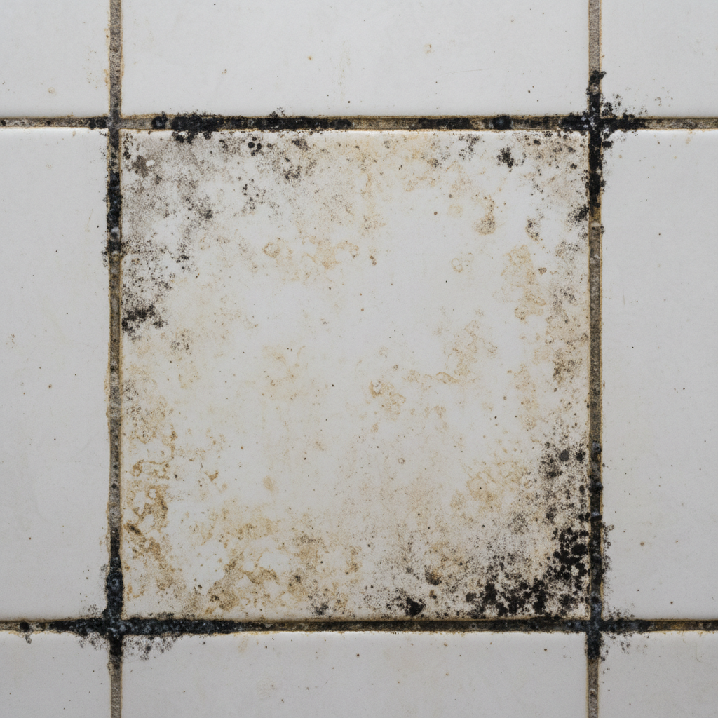 A close-up, eye-level professional photo capturing a section of bathroom wall tiles. The focus is on the grout lines between light-colored ceramic tiles. The grout is visibly neglected, showing dark, speckled mold patches concentrated in corners and along edges, as well as general yellowish-brown discoloration from soap scum and hard water stains. Some areas may appear slightly grimy or chalky, highlighting the need for cleaning. The overall mood should be slightly muted to emphasize the dirt.