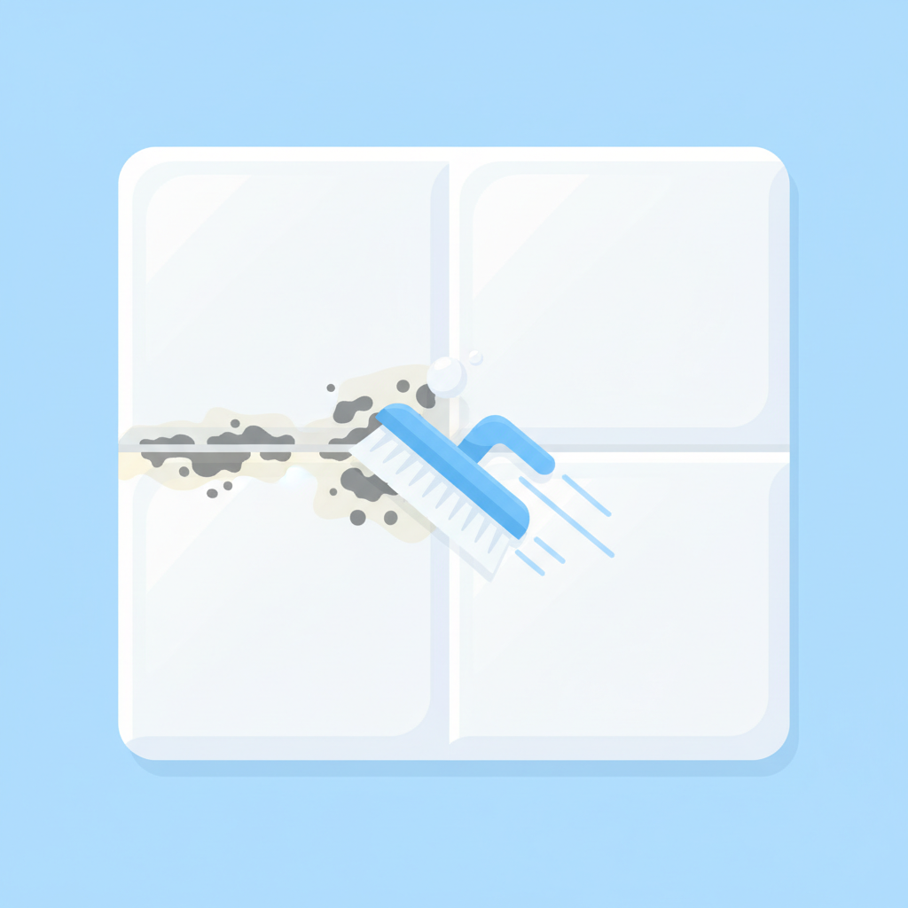 A bright, modern flat illustration depicting a dynamic 'before and after' transformation of a grout line. On the left side, a section of grout between two white tiles is visibly dirty, showing dark grey mold spots and faint yellowish discoloration. An abstract, stylized cleaning tool, like a brush or sponge, is positioned in the middle, seemingly in motion. On the right side, the exact same grout line is sparkling clean, pristine white, and looking fresh, demonstrating the desired outcome of effective cleaning.