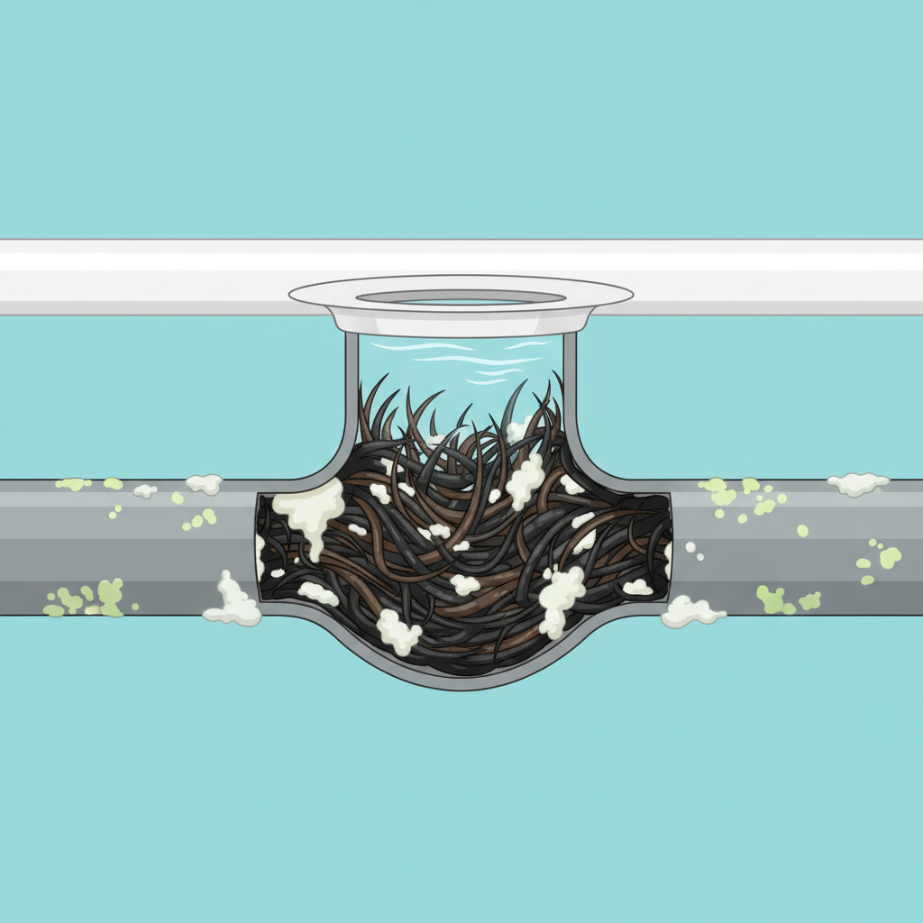 A detailed flat illustration depicting a cutaway view of a bathtub drain pipe. The pipe is shown in cross-section, revealing a dense, sticky blockage within its interior. Visible elements of the clog include intertwined strands of dark hair, clumps of off-white soap scum, and subtle mineral deposits adhering to the inner pipe walls. A small amount of water is depicted pooling above the blockage, indicating a stopped flow. The overall style should be clean, modern, and easily understandable, highlighting the common culprits of a clogged drain in a visually clear manner. Absolutely no text, labels, or typography should be present in the image.