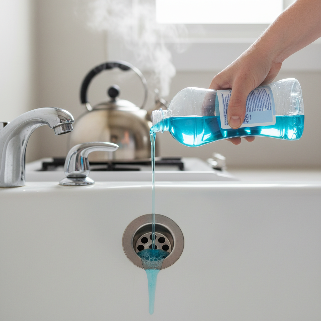 A professional, well-lit photo capturing the 'hot water and dish soap' method for unclogging a bathtub. The scene features the drain opening of a clean, white bathtub. A hand, holding a bottle of liquid dish soap, is shown pouring a stream of soap directly into the drain. In the background or slightly out of focus, a kettle or pot with visible steam rising from it suggests the next step of pouring hot water. The image should convey a sense of a practical, household task, focusing on the simple action. The overall aesthetic should be bright and inviting, suitable for a helpful guide. Absolutely no text, labels, or typography should be present in the image.