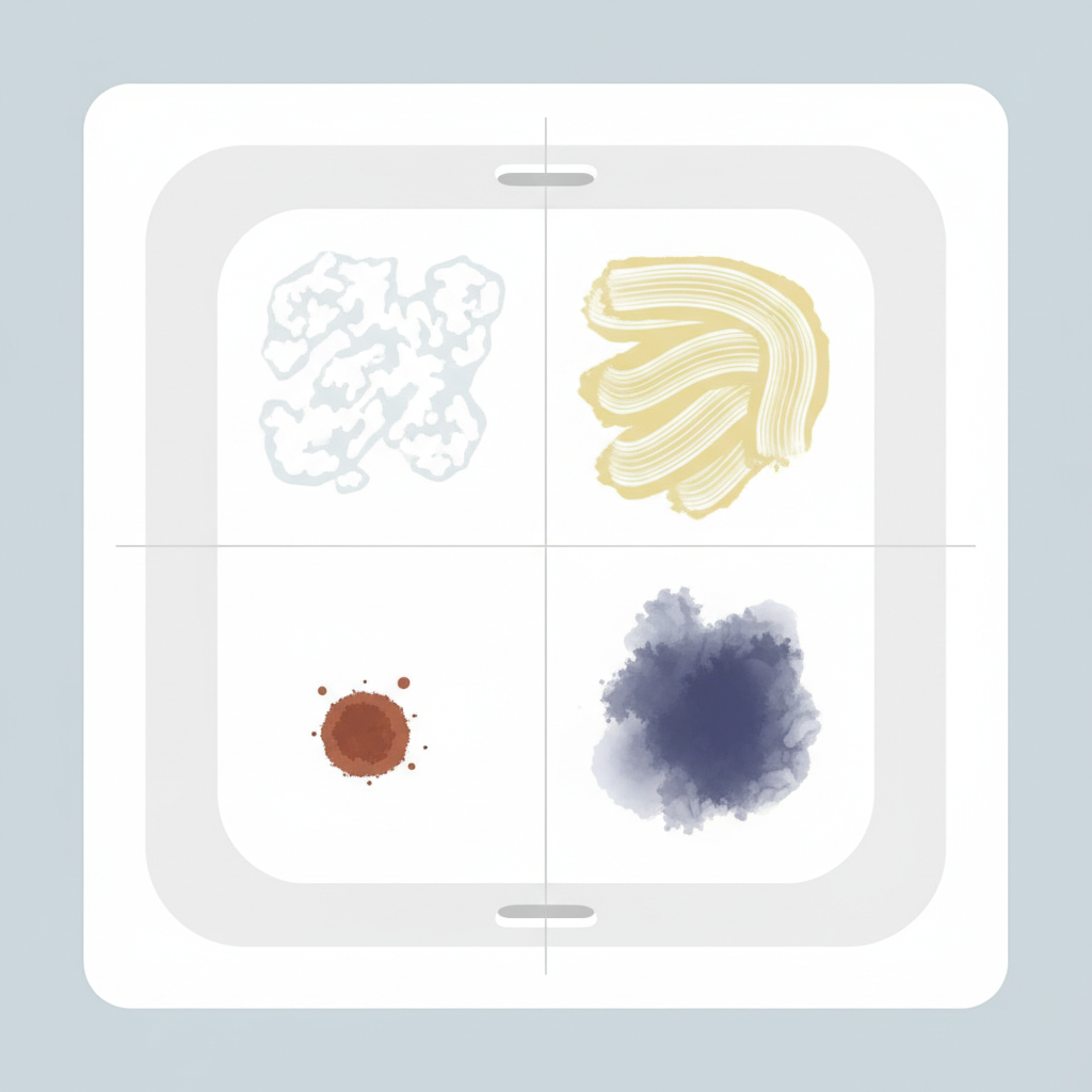 A detailed flat illustration depicting a pristine white bathtub's inner surface, subtly divided into distinct sections. Each section showcases a different common type of stain: one with white, textured limescale deposits, another with yellowish, greasy soap scum streaks, a third with a small, reddish-brown rust spot, and a fourth with a subtle, dark-colored stain suggestive of hair dye. The illustration should be clean, focused, and clearly differentiate the various blemishes, all against the backdrop of a potential cleaning challenge. Use a soft, modern color palette.