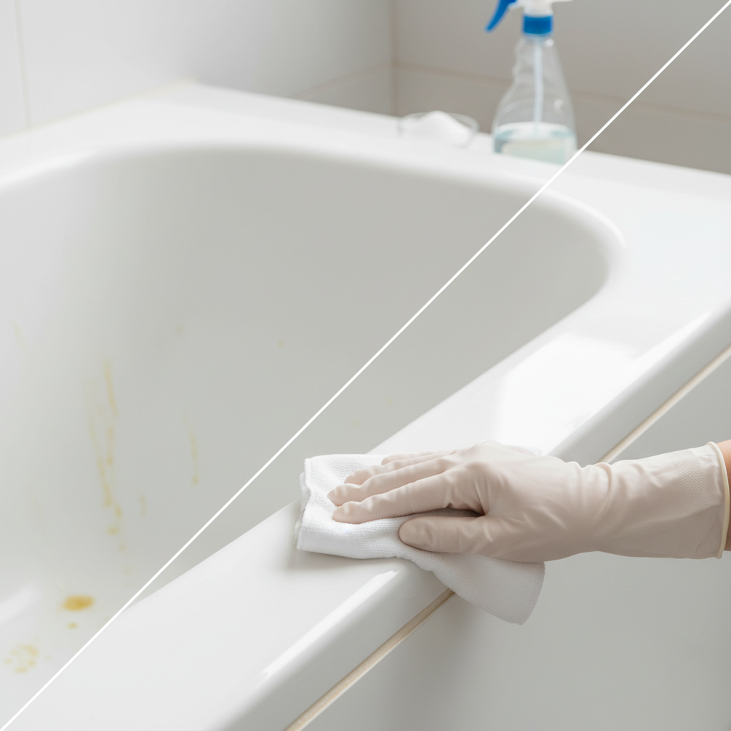 A bright, professional photo capturing a 'before and after' visual comparison on a white bathtub surface. On one side, a portion of the tub is visibly dulled with dried water marks, faint yellow soap scum, and subtle limescale buildup. On the other side, the same section of the tub is sparkling clean and gleaming. In the foreground, a gentle hand wearing a white cleaning glove is softly polishing the clean side with a cloth, with a generic spray bottle and a small mound of white powder (suggesting cleaning agents) blurred slightly in the background, implying the cleaning process without showing specific brands.