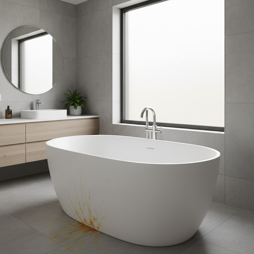 A professional photo capturing a clean, modern bathroom interior with a prominent white bathtub. The bathtub, while otherwise tidy, features noticeable, unsightly yellow stains on its surface, particularly around the waterline, near the drain, and possibly along the bottom. The stains should appear stubborn and clearly visible against the white enamel or acrylic. Subtle visual cues of hard water residue or soap scum could be present, suggesting common causes. The overall scene should evoke a sense of a common household problem that needs addressing, with soft, inviting lighting.