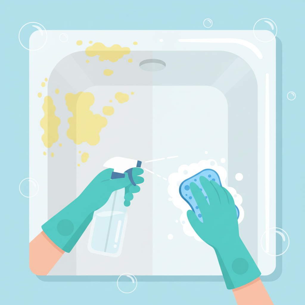 A vibrant and clean flat illustration depicting the effective removal of yellow stains from a bathtub. The image should be split or show a clear 'before and after' effect on a small section of a white bathtub. On one side, the bathtub surface displays distinct yellow discoloration and grime. On the other side, the same section is sparkling clean and pristine. A generic hand, possibly wearing a glove, is shown in the process of applying a clear cleaning liquid from a plain spray bottle or wiping with a sponge over the stained area, symbolizing the cleaning action. Bright, clear colors.