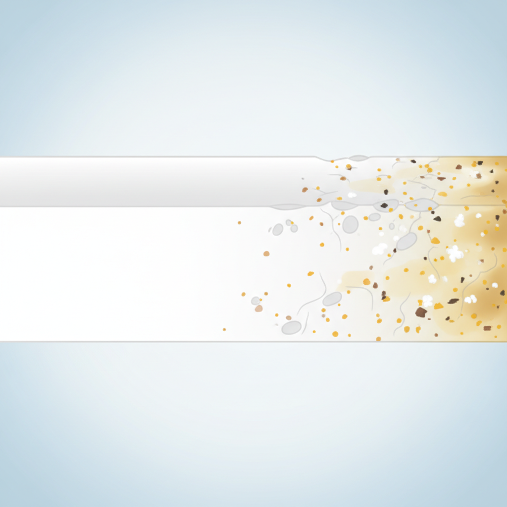 A detailed flat illustration depicting a microscopic cross-section of a bathtub surface. On one side, the pristine white material shows a smooth texture. Progressing to the other side, the surface gradually reveals subtle microscopic pores and embedded impurities: tiny yellow-orange mineral particles, white soap residue specks, and dark microscopic dirt fragments accumulating within these textures. The overall effect shows a clear visual representation of how a surface accumulates a yellow discoloration over time, transitioning from clean to visibly stained, against a soft, clean background.