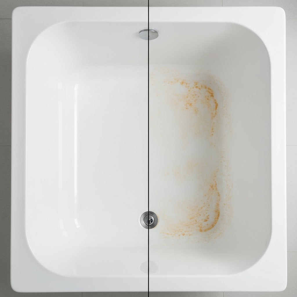A professional, well-lit photograph of a modern, white bathtub interior. The image is split vertically down the middle. The left half displays a perfectly clean, gleaming white surface with bright reflections, appearing brand new. The right half shows the identical bathtub, but with distinct, uneven patches of yellowish-orange discoloration, particularly noticeable along the water line, near the drain, and on the bottom surface, creating a dull and unappealing appearance. The contrast should be stark and visually impactful, highlighting the problem before cleaning.