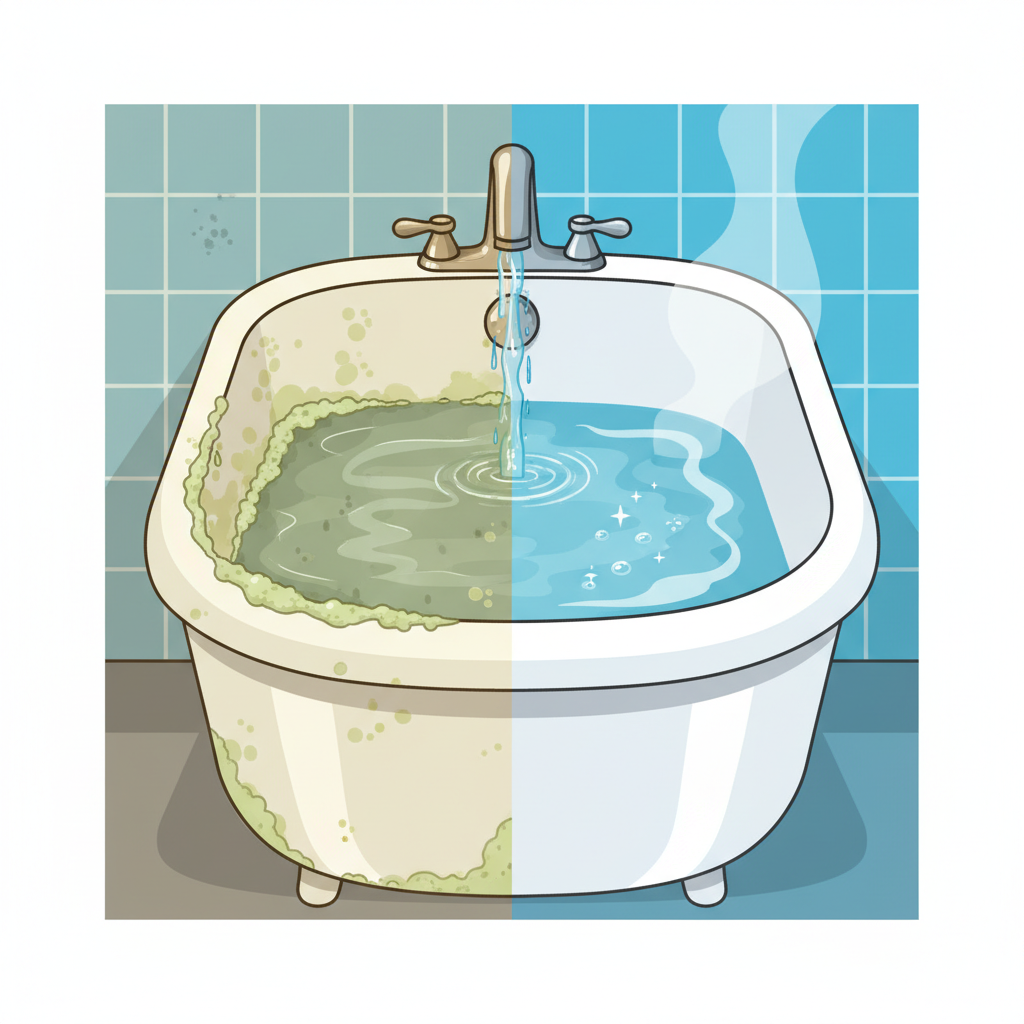 A vibrant, split-image illustration showcasing a bathtub. The left side depicts a dull, stained bathtub with visible soap scum and limescale, appearing uninviting. The water in this section might look murky. The right side dramatically contrasts, featuring a sparkling clean bathtub, gleaming with a brilliant, reflective surface. Drops of clean, clear water might be cascading into it, creating a sense of freshness and hygiene. The background elements on both sides should be subtle and consistent, maintaining focus on the tub's condition. Use a clean, professional vector illustration style with bright, inviting colors on the clean side and muted, slightly grimy tones on the dirty side.