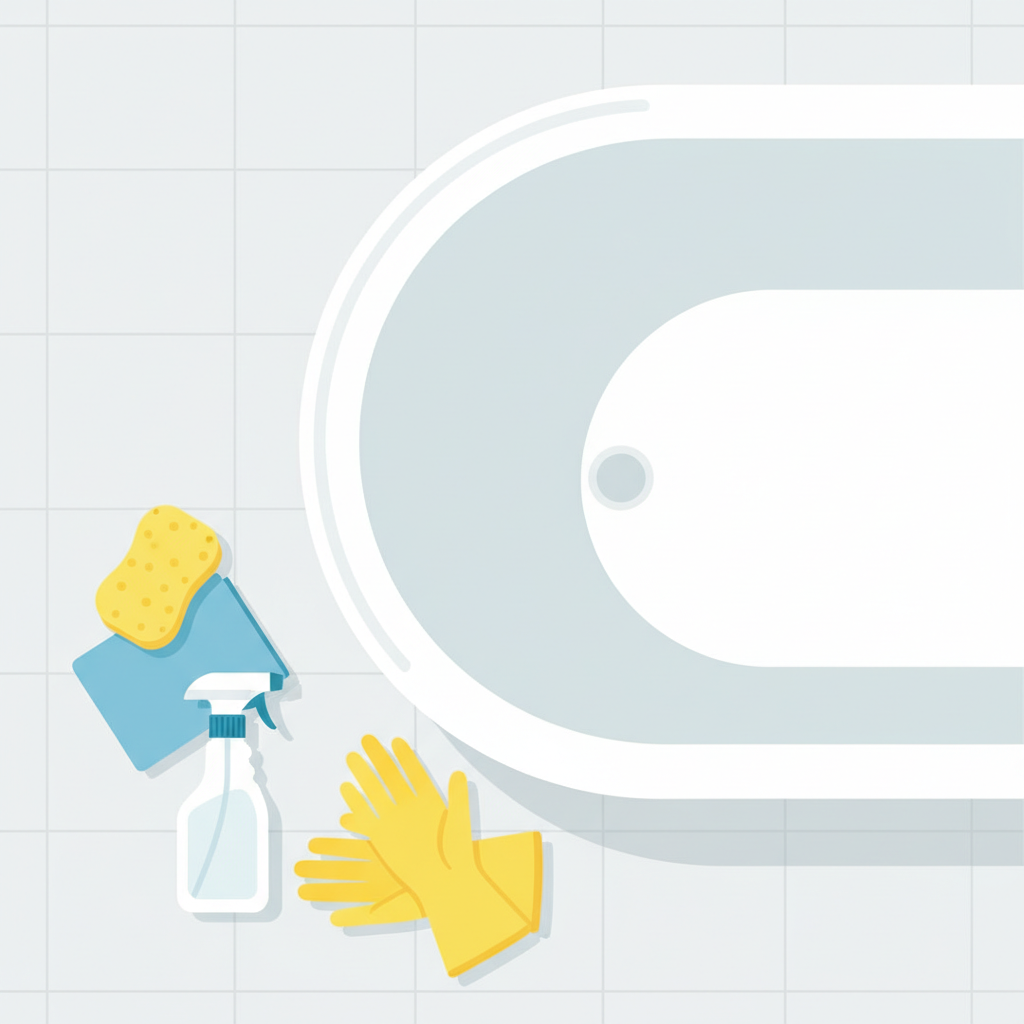 A bright and minimalist top-down view illustration depicting essential bathtub cleaning tools. A pristine, glossy white bathtub fills the central space, with a section of its rim and inner surface visible. Neatly arranged around the tub's edge or placed within a corner of it are common cleaning supplies: a soft sponge, a microfiber cloth, a pair of yellow rubber gloves, and a generic spray bottle. The overall aesthetic should be clean, airy, and inviting, suggesting ease and effectiveness. Use a flat illustration style with a soft color palette, emphasizing cleanliness and organization. The scene should feel aspirational and hygienic.