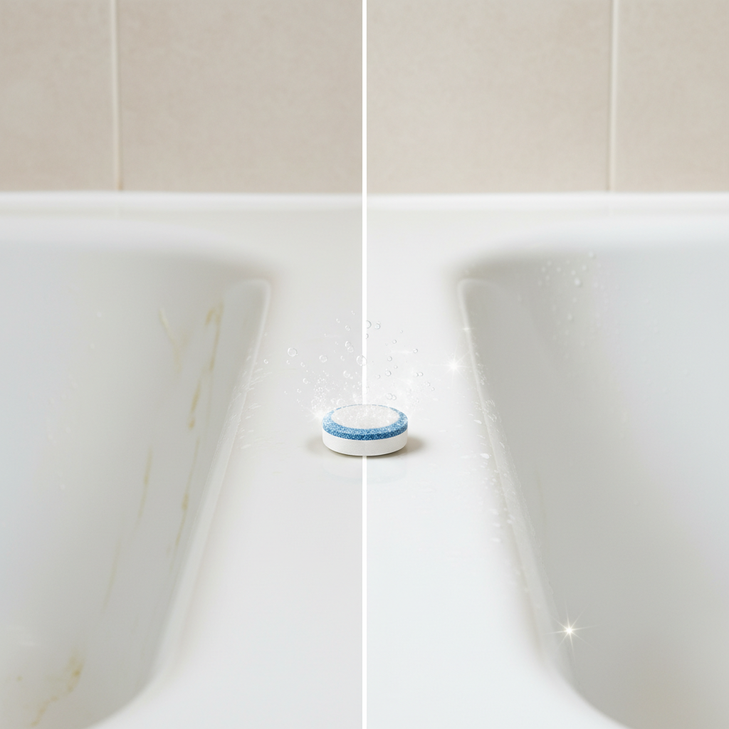 A professional, bright split-screen photograph showcasing a bathtub's surface. On the left side, the tub appears slightly dull and has subtle streaks of soap scum and faint limescale, indicating a need for cleaning. On the right side, the same bathtub surface is sparkling clean, highly reflective, and gleams brilliantly under bright lighting, conveying pristine hygiene. Centered between the two sections, a single, undissolved dishwasher tablet rests, subtly emanating tiny, clean-looking bubbles, visually representing its powerful cleaning action. The overall impression is one of effortless transformation and effective cleaning.
