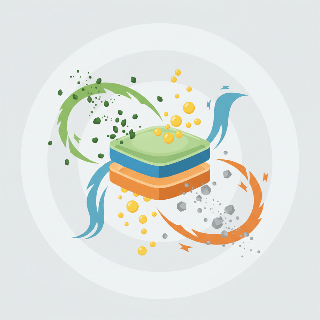 A vibrant, infographic-style flat illustration depicting the powerful action of a dishwasher tablet on various types of dirt. In the center, a stylized, multi-layered dishwasher tablet is shown. From its core, various colored, abstract energy waves or rays emanate. Each wave or ray graphically represents a key cleaning agent (e.g., green for enzymes breaking down organic matter, blue for tensides lifting grease, orange for alkaline salts dissolving mineral deposits). These waves are shown interacting with and effectively dissolving different types of stylized dirt particles (e.g., small grey mineral crystals, green organic specks, yellow oil droplets) on an unseen surface, symbolizing comprehensive cleaning power. The design is clean, clear, and easy to understand visually.