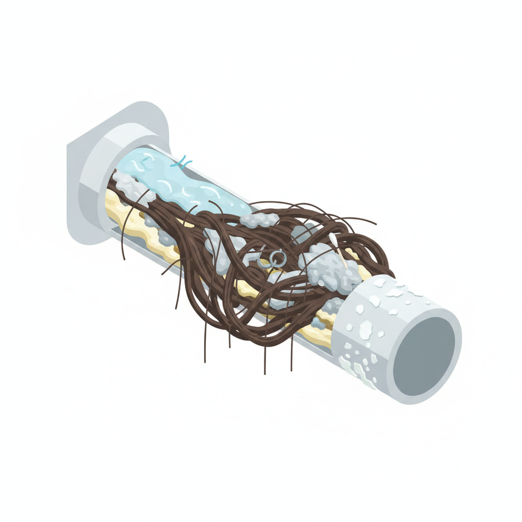 An isometric cross-section diagram of a bathtub drain pipe, revealing the internal structure and various common blockages. Show a tangled mass of long hair intertwined with solidified grey soap scum and grease adhering to the pipe walls. A small, shiny earring or a cotton swab should be visibly caught within the debris. Additionally, illustrate flaky white limescale deposits coating the inner surface of the pipe. Water should be depicted as slowly pooling above the main blockage, struggling to pass through. The overall style should be a clean, informative flat illustration with distinct colors for each element, suitable for explaining complex internal processes.